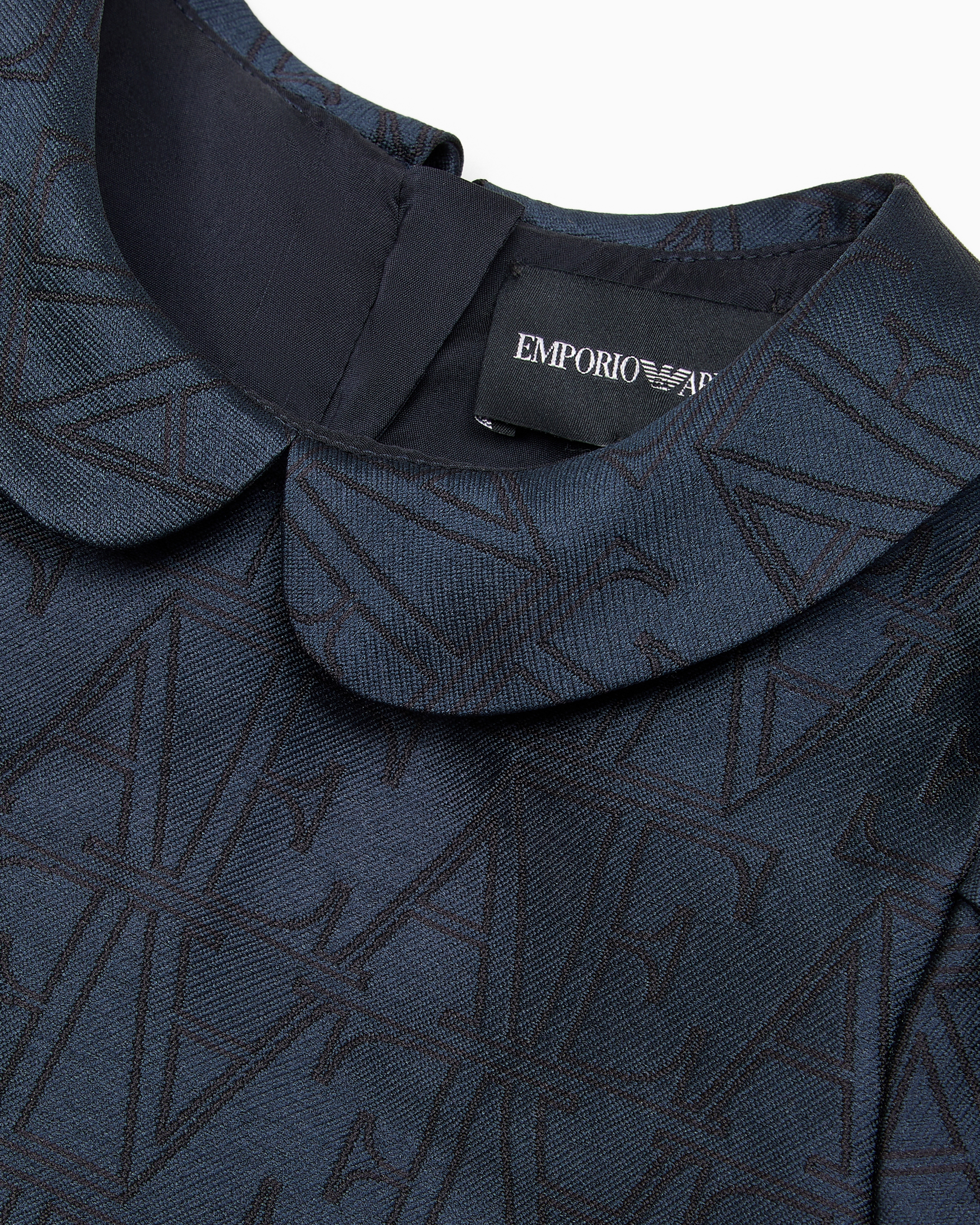 Shop Emporio Armani Dress With All-over Ea Logo Jacquard And Peter Pan Collar In Navy Blue