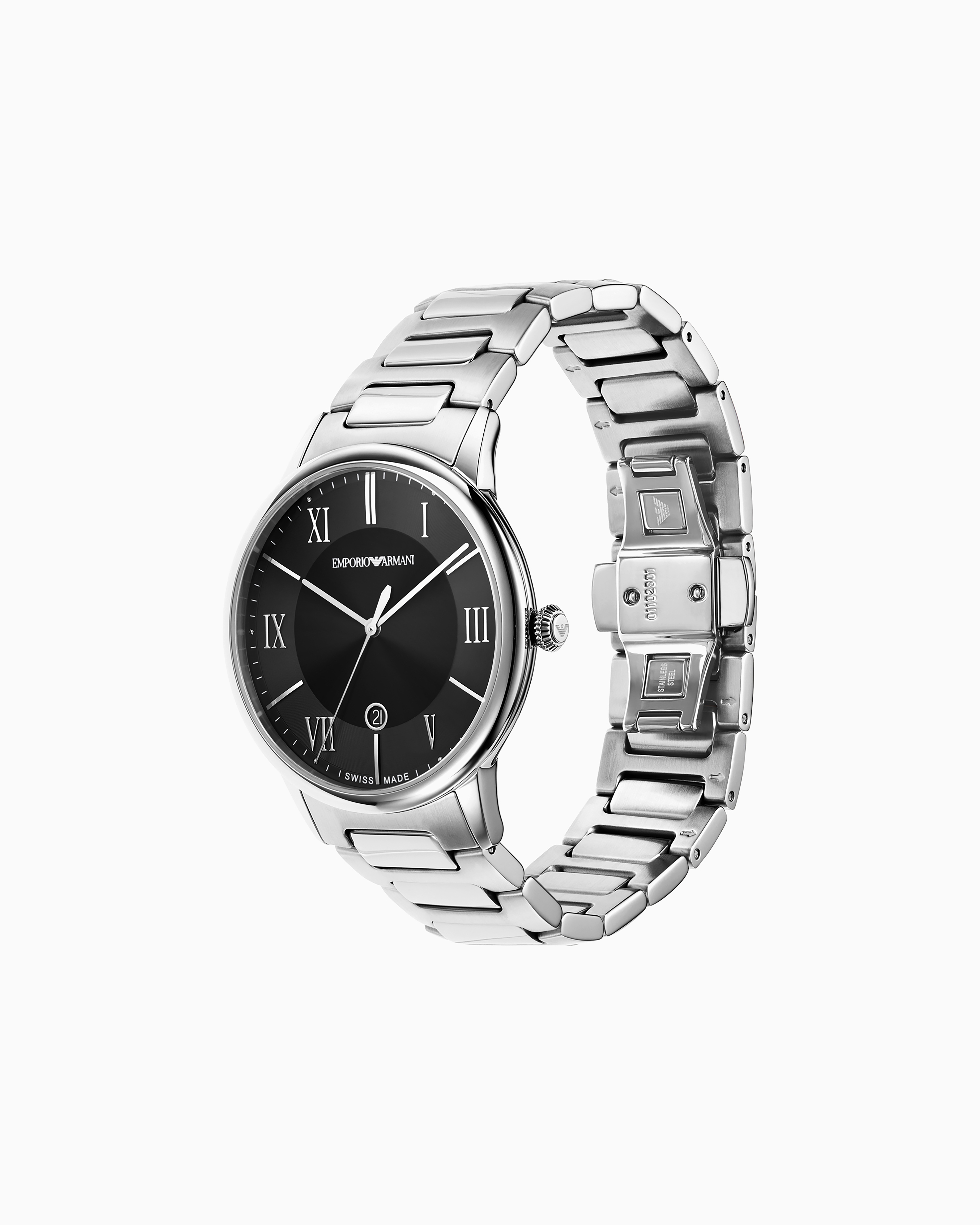 Emporio Armani Swiss Made Three-hand Date Stainless Steel Watch In Multicoloured