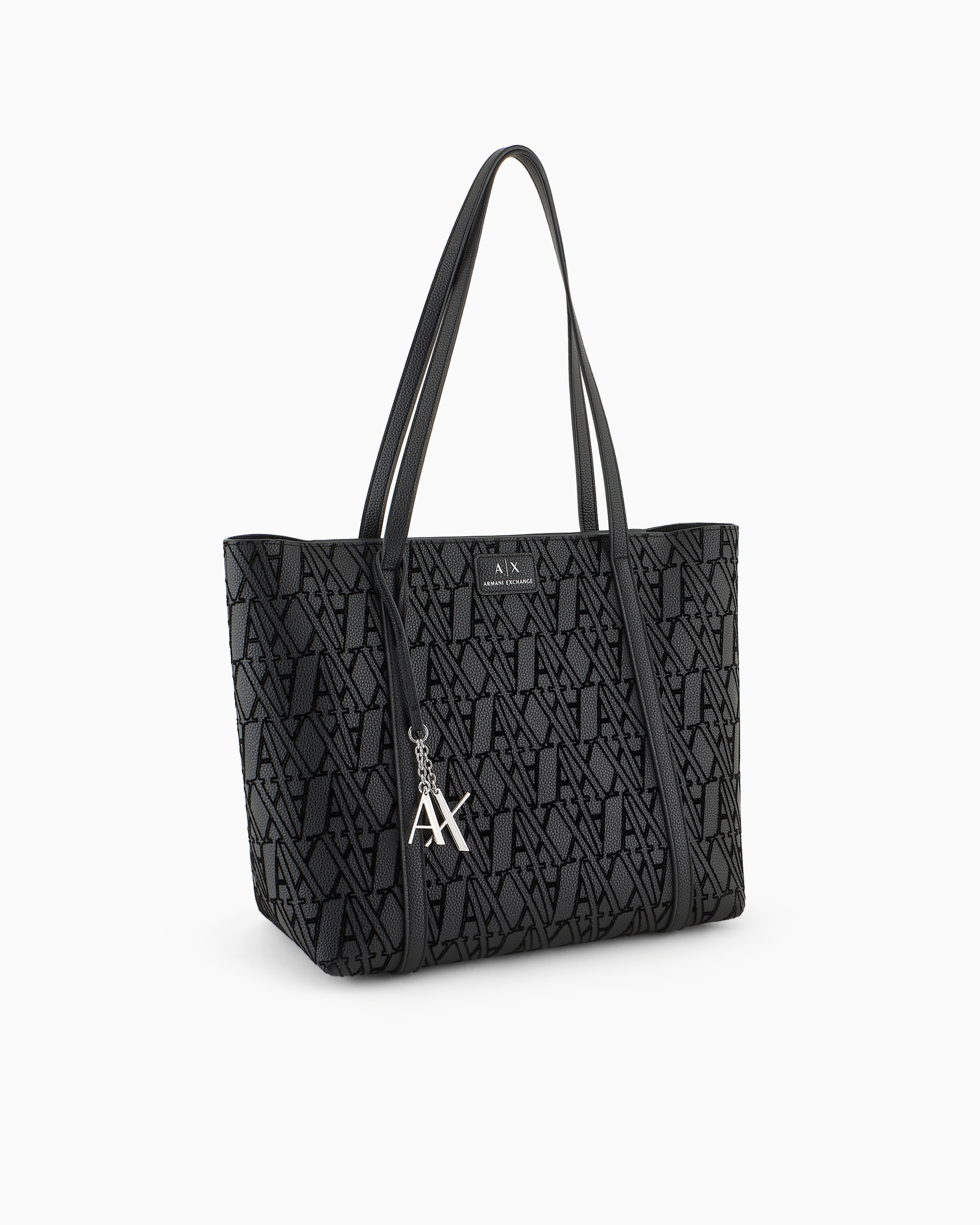 Shop Armani Exchange Shopper Bag With Flocked Monogram And Charm In Black