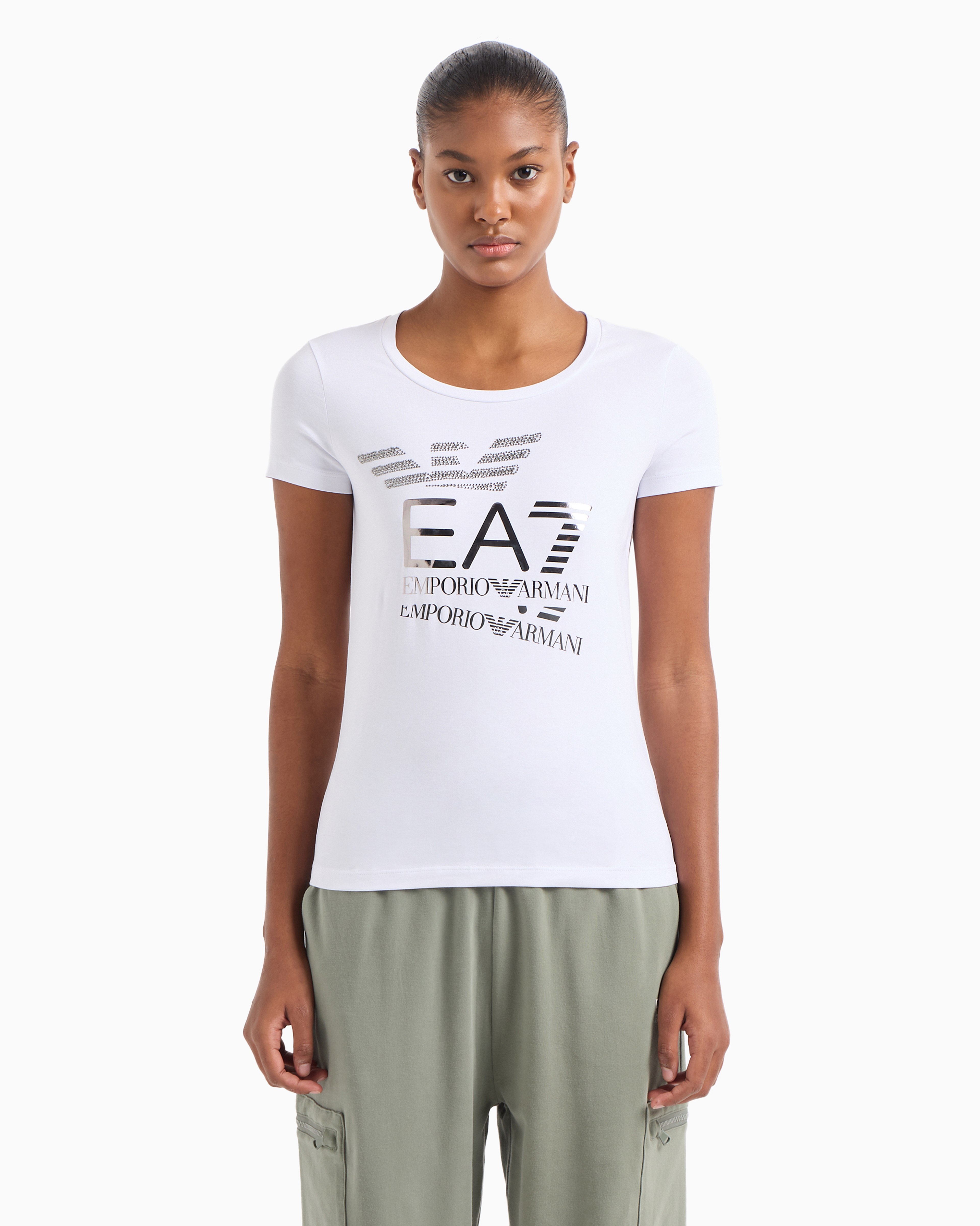 Shop Ea7 Logo Series Stretch-cotton Crew-neck T-shirt In White