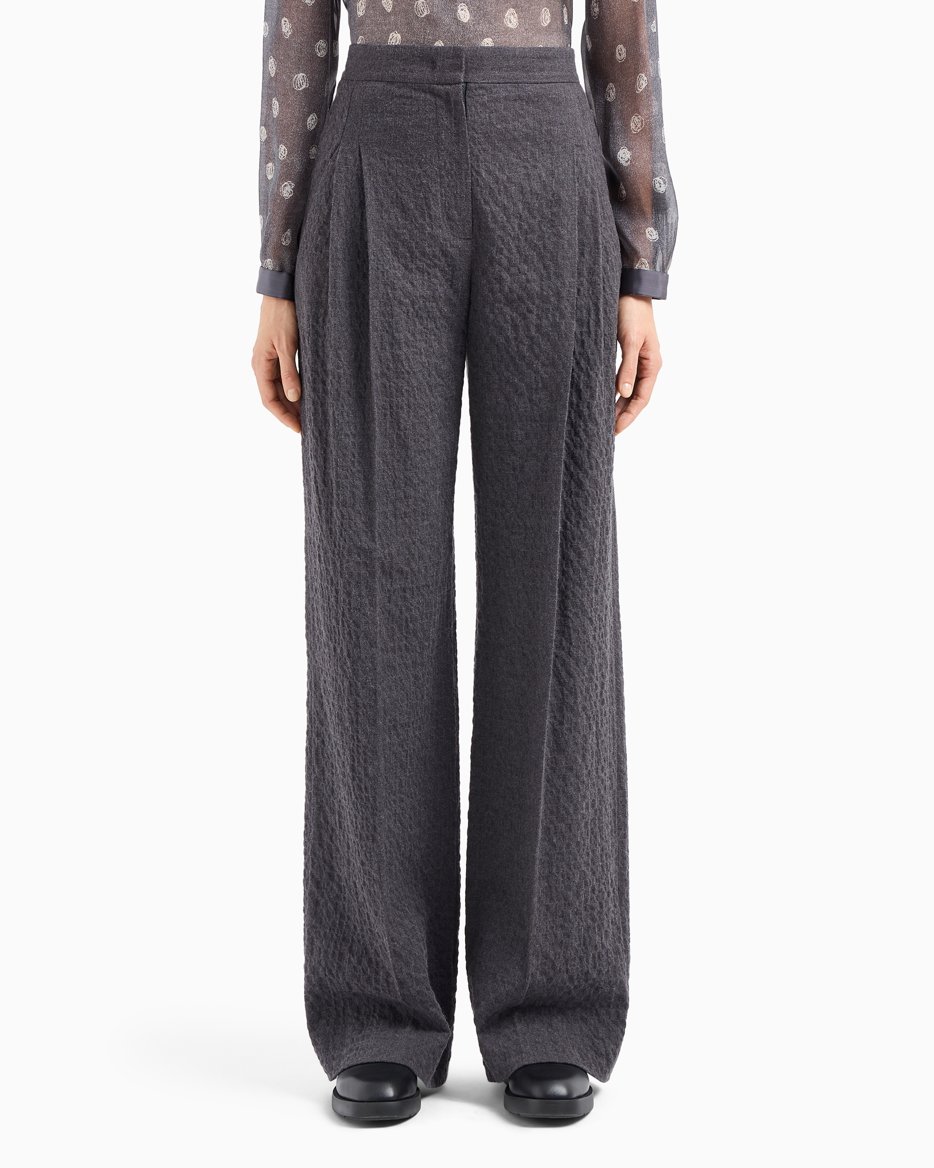 Shop Emporio Armani Icon Cotton Flannel Palazzo Trousers With Pleats In Grey