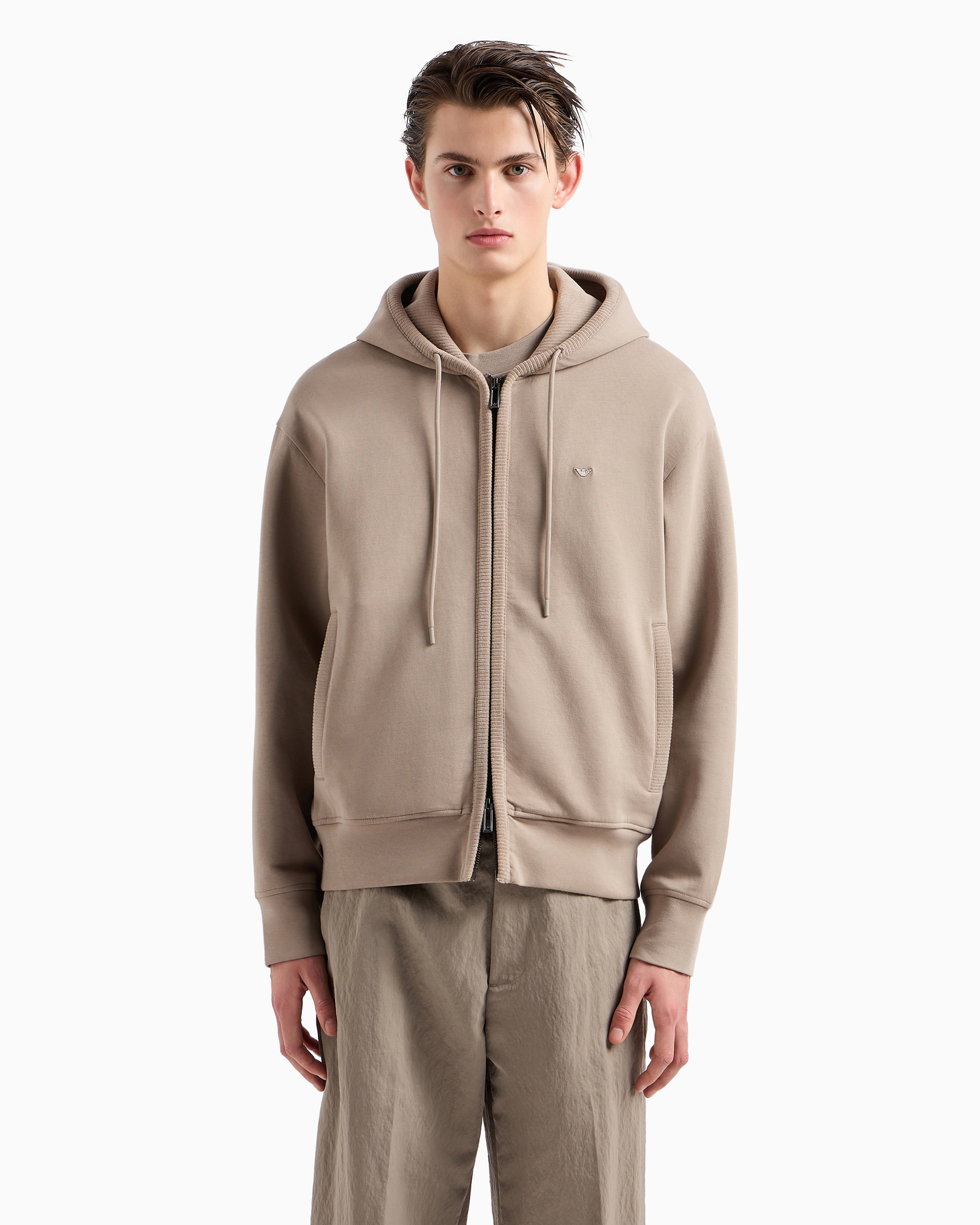 Shop Emporio Armani Double-jersey Hooded Zip-up Sweatshirt With Velour Details In Beige