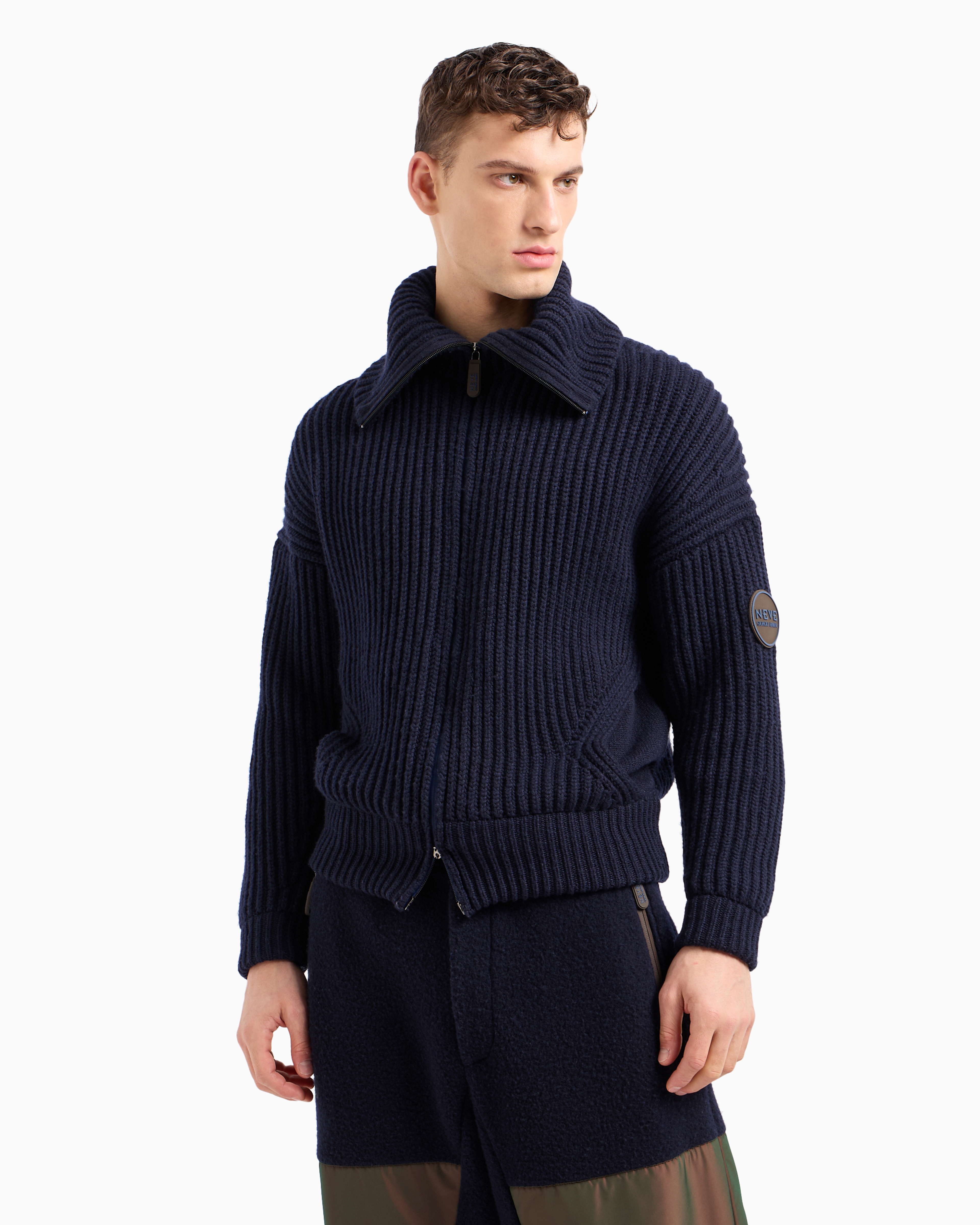 Shop Giorgio Armani Neve Ribbed Cashmere Jumper With Zip In Blue