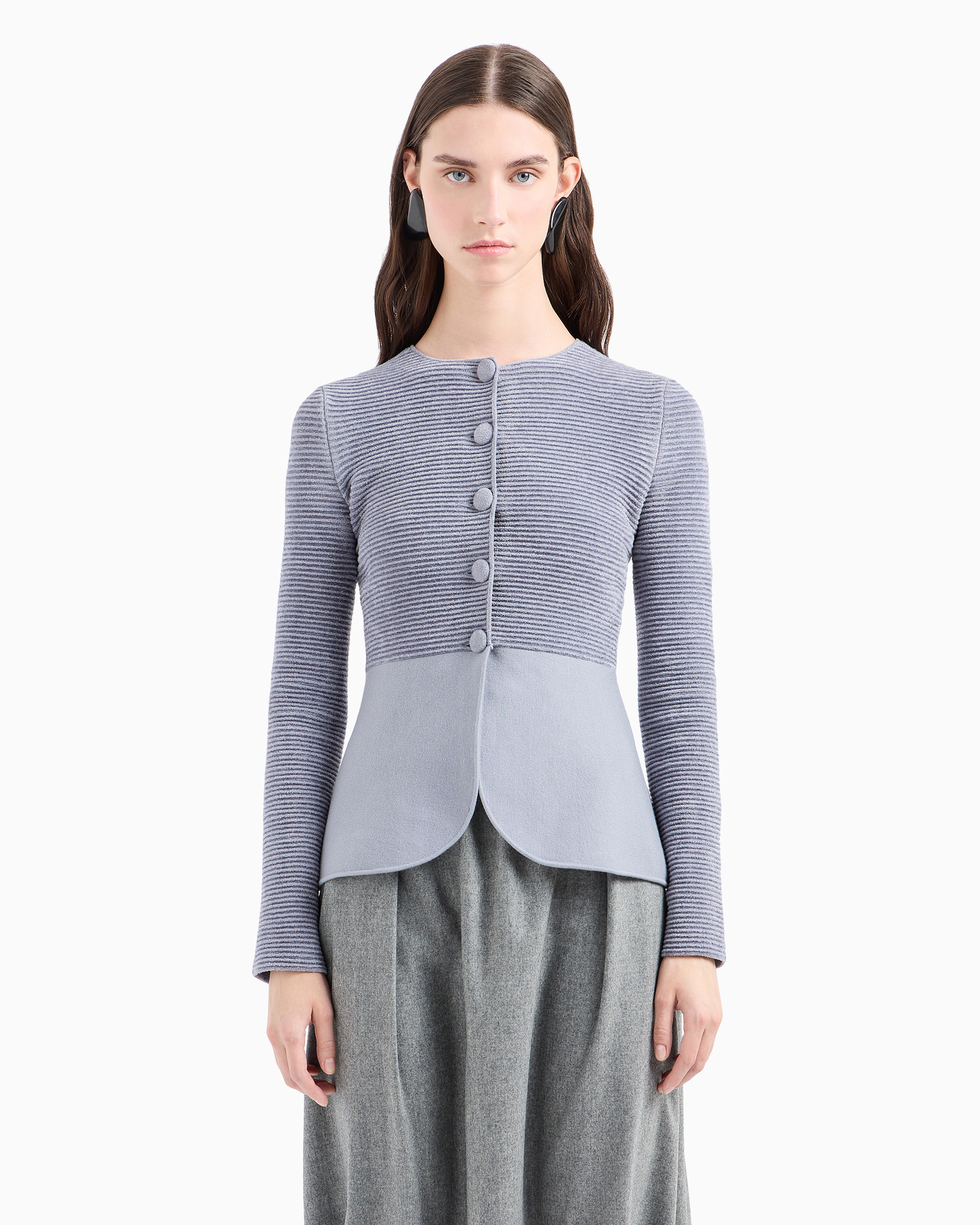 Shop Emporio Armani Ottoman-fabric Cardigan Jacket With Peplum In Gray