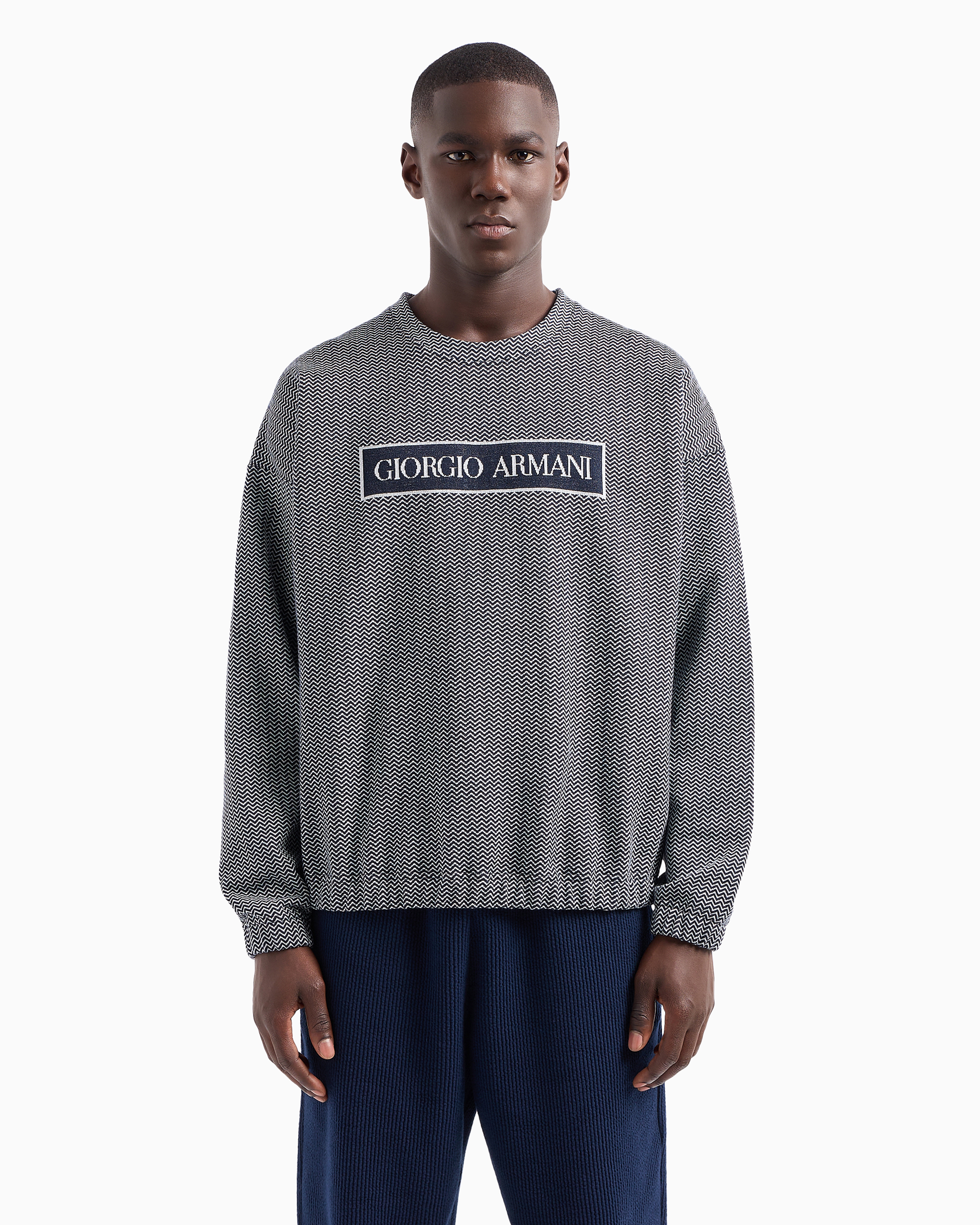 GIORGIO ARMANI DENIM COLLECTION CHEVRON-JACQUARD COTTON SWEATSHIRT 