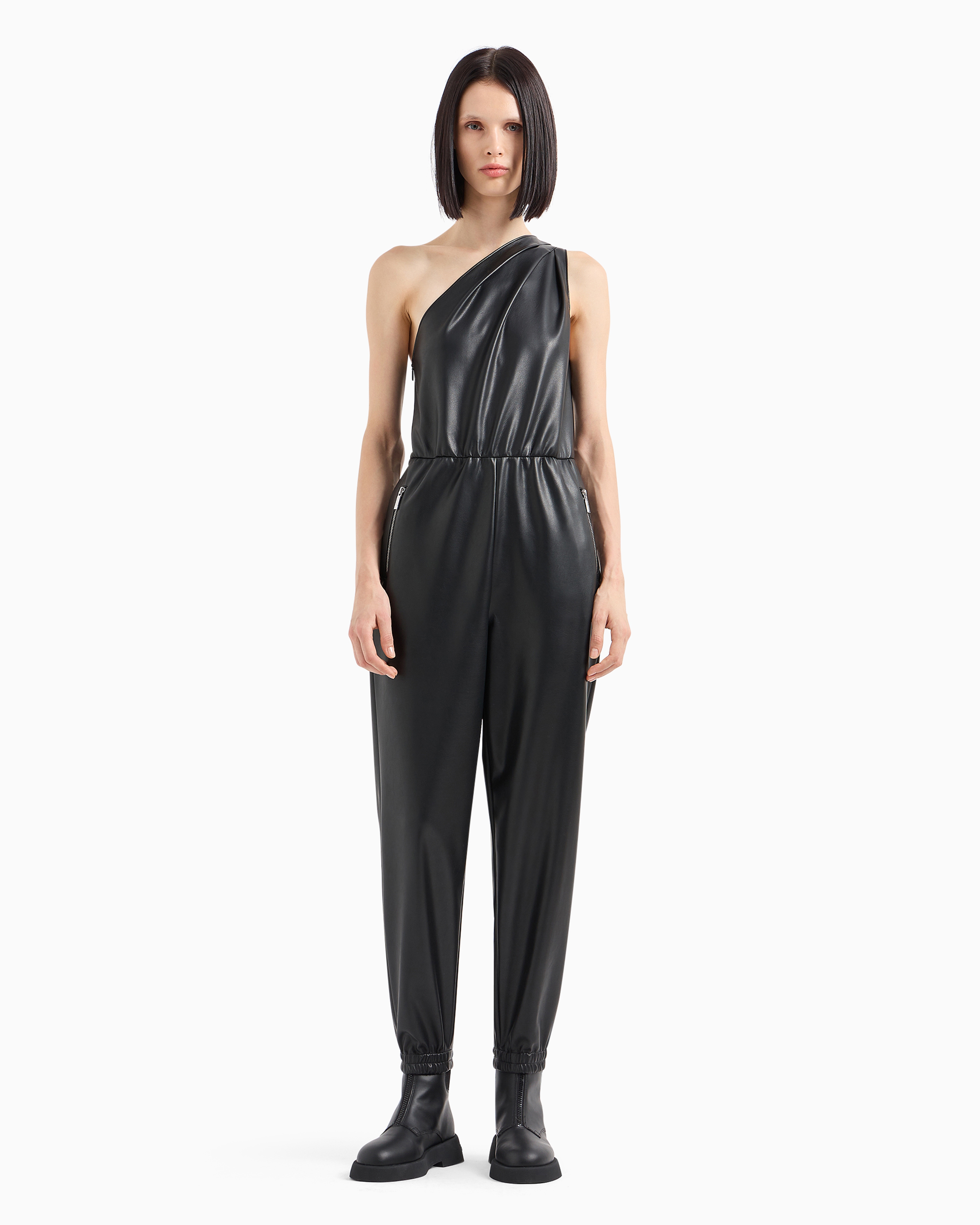 Shop Armani Exchange One-shoulder Suit In Coated Fabric In Black