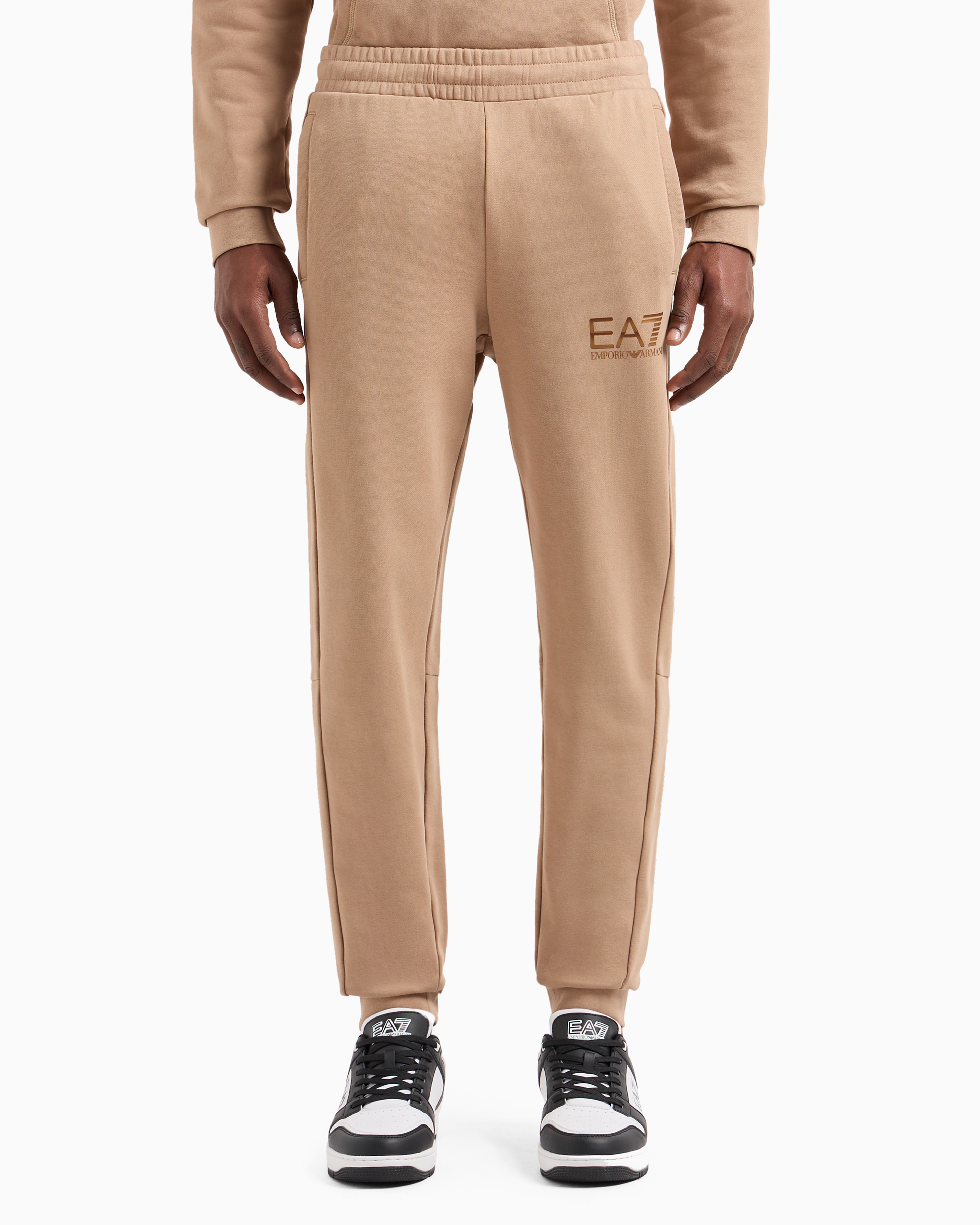 Shop Ea7 Logo Series Cotton Joggers In Beige