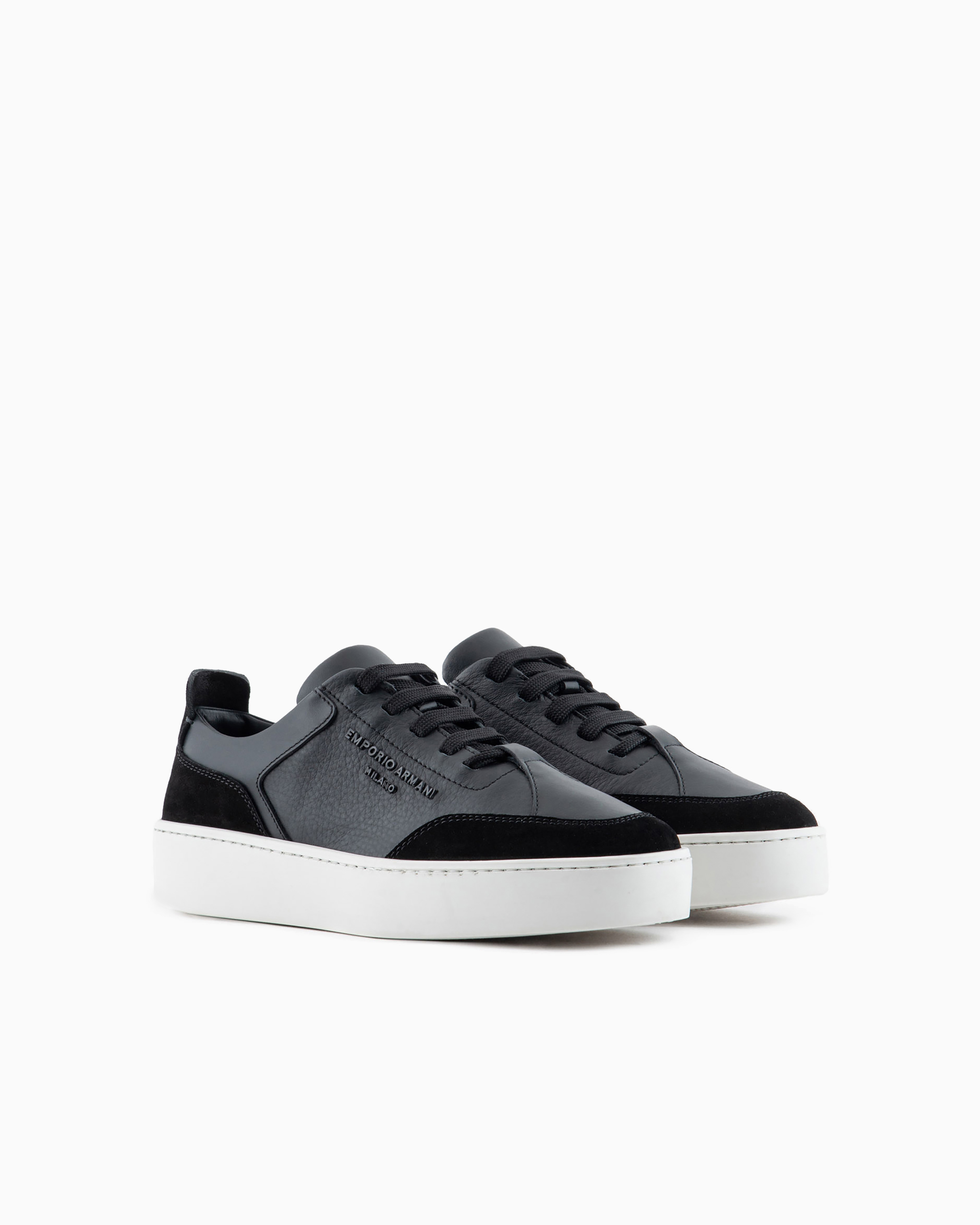 Emporio Armani Official Store Leather Sneakers With Suede Details And Embossed Logo In Black