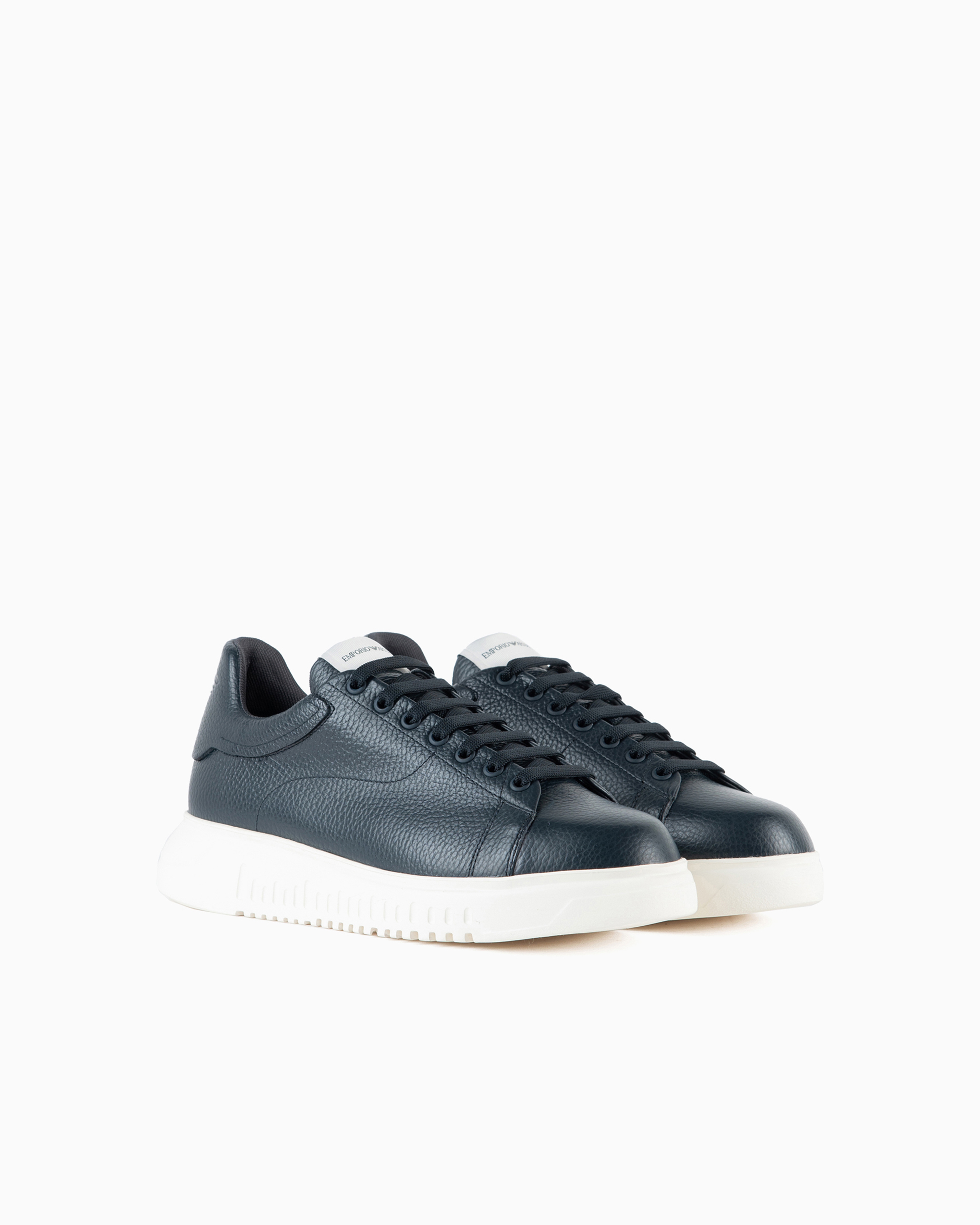 Emporio Armani Official Store Tumbled Leather Sneakers In Navy Blue