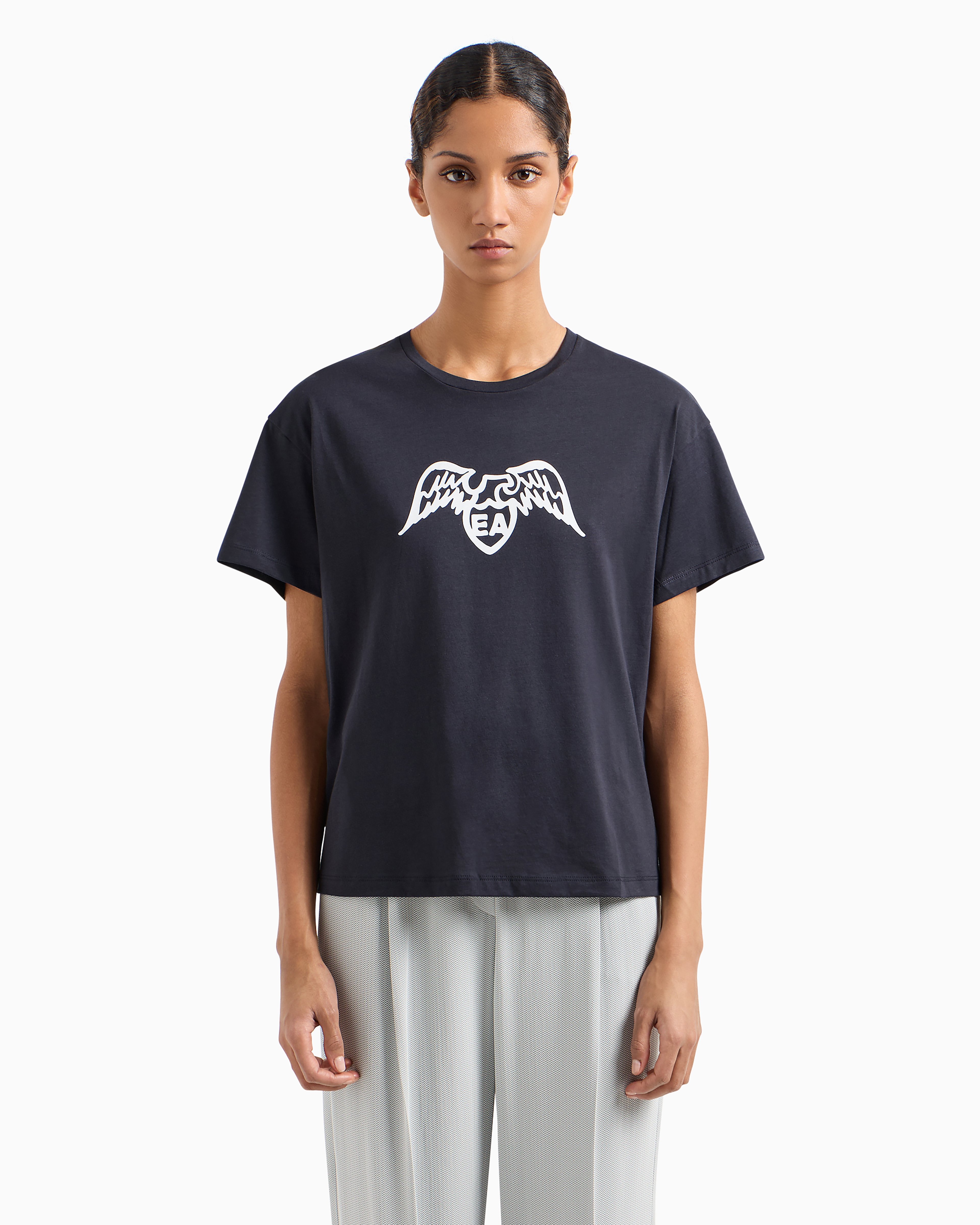 Shop Emporio Armani Pima T-shirt With Eagle Logo In Navy Blue