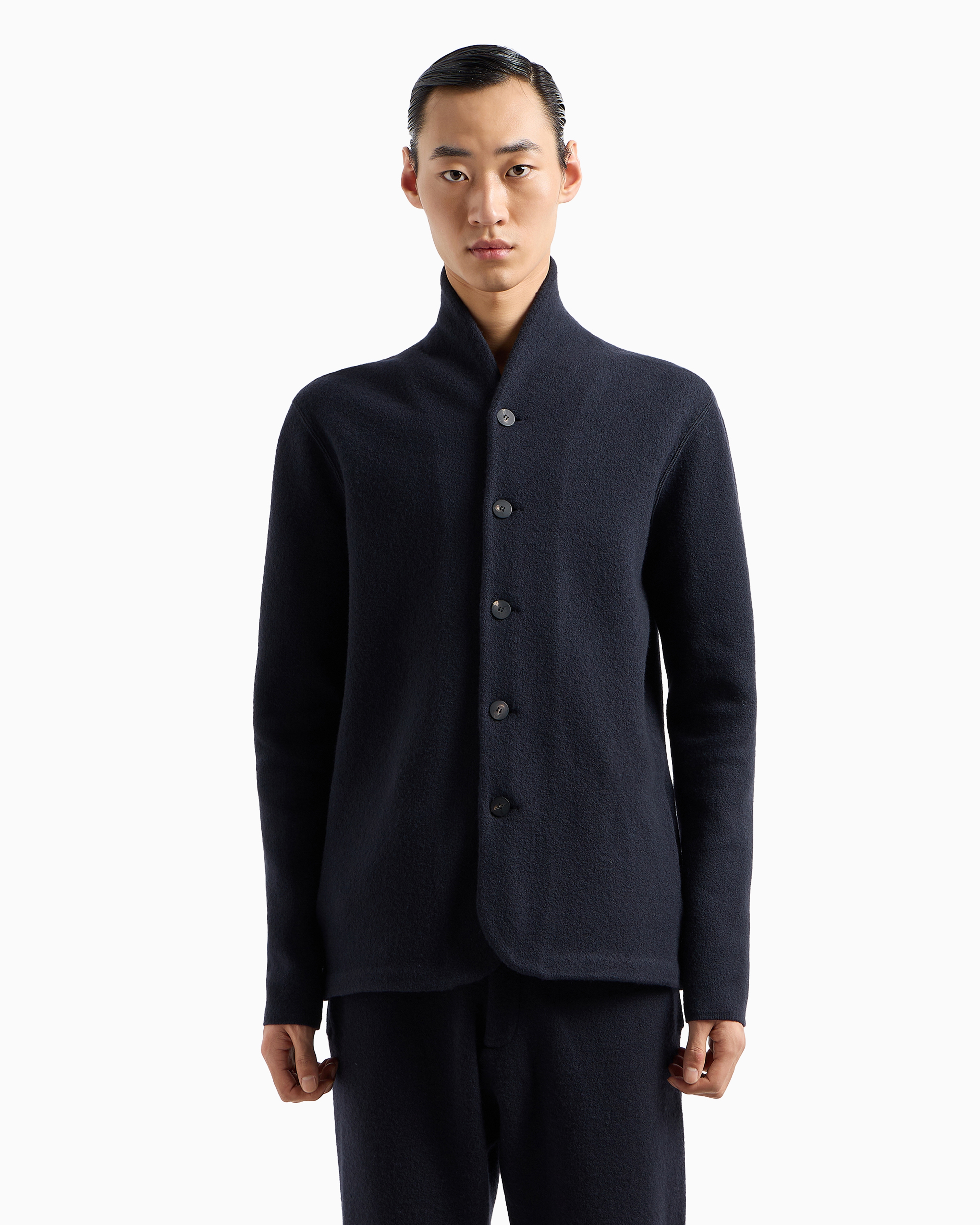Emporio Armani Official Store Veste En Maille Rase De Laine Vierge Icon In Bleu Marine