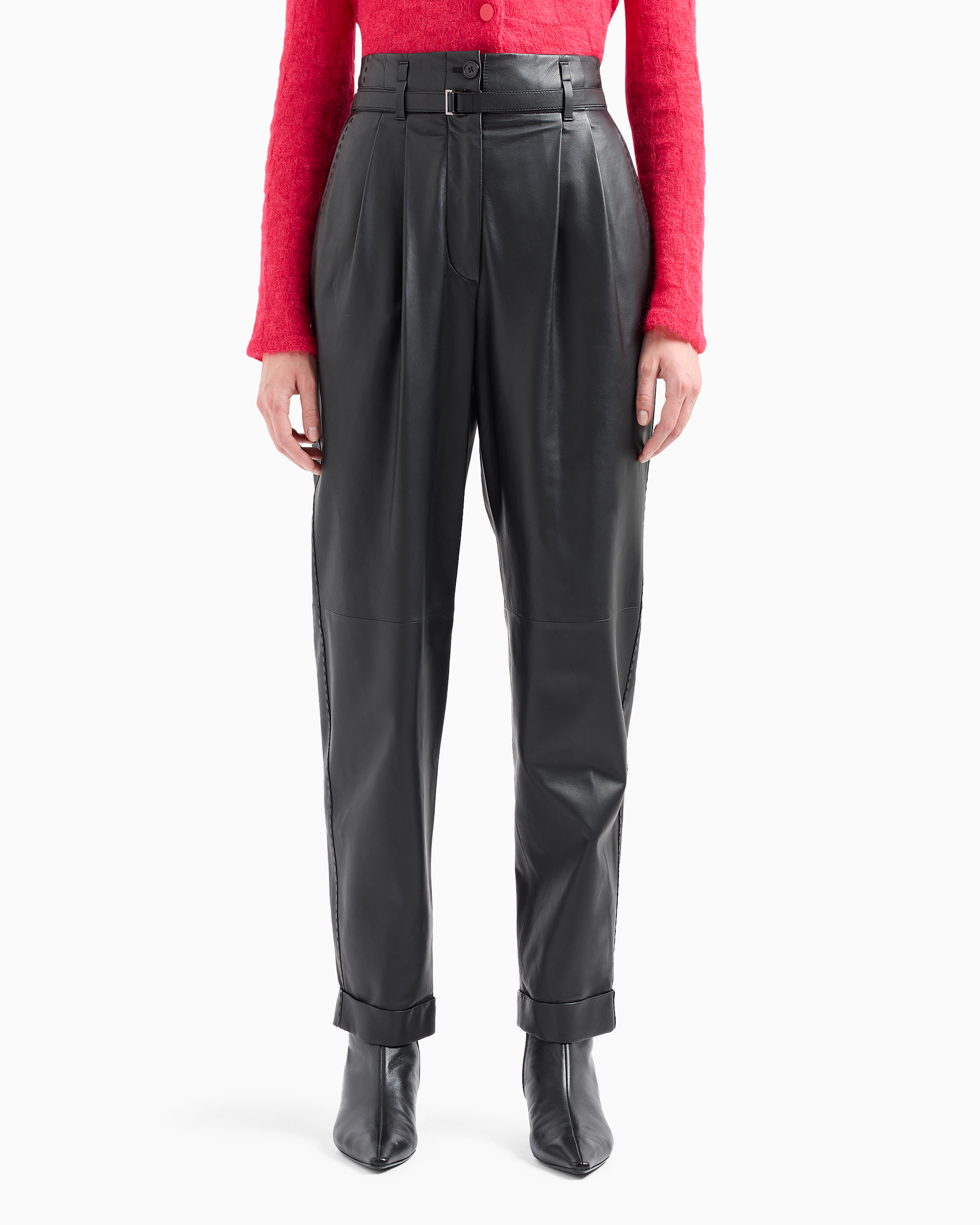 Shop Emporio Armani Semi-aniline, Lambskin Nappa Leather Trousers With Belt In Black