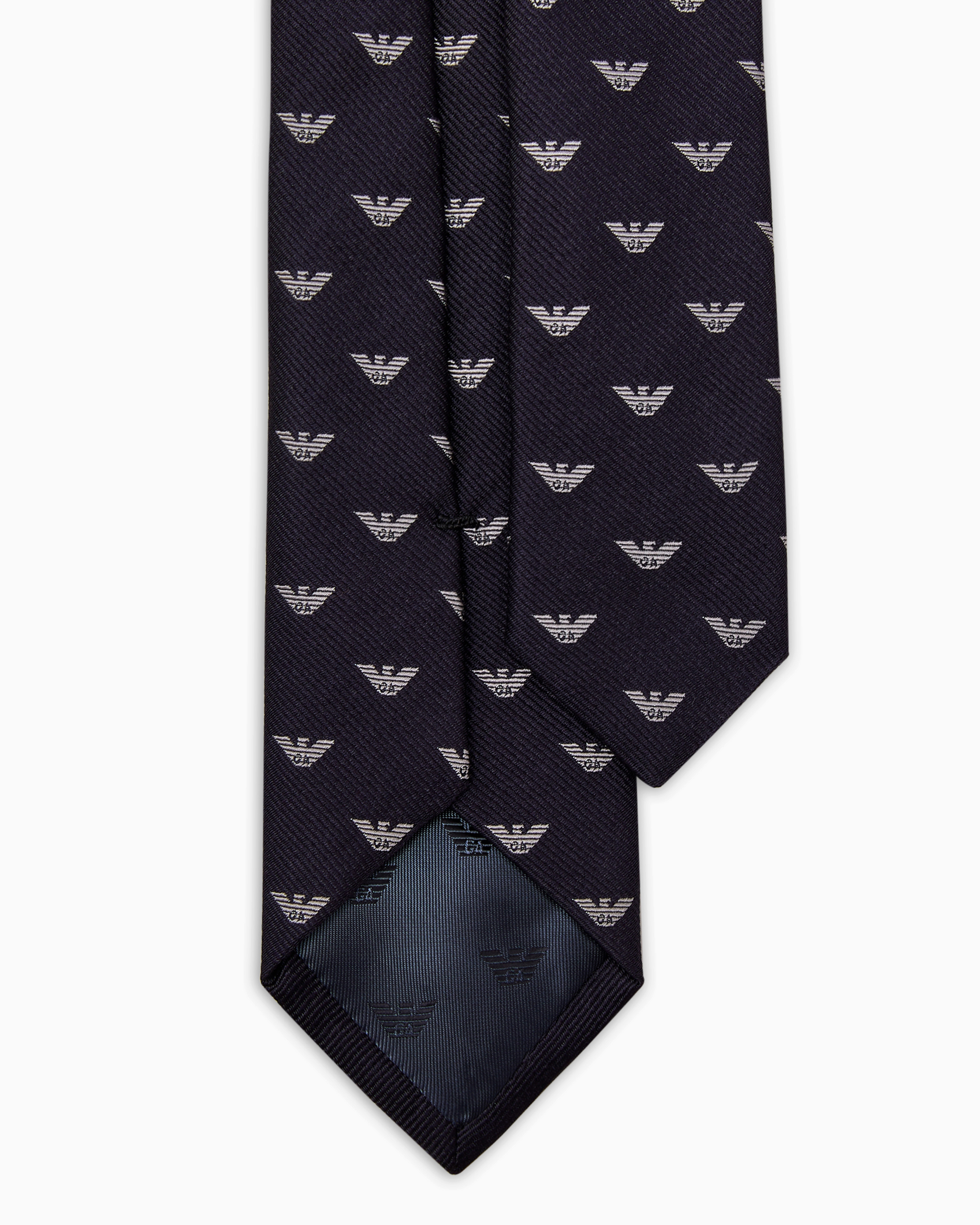 Emporio Armani Official Store Pure Silk Tie With All-over Jacquard Micro-eagle In Navy Blue