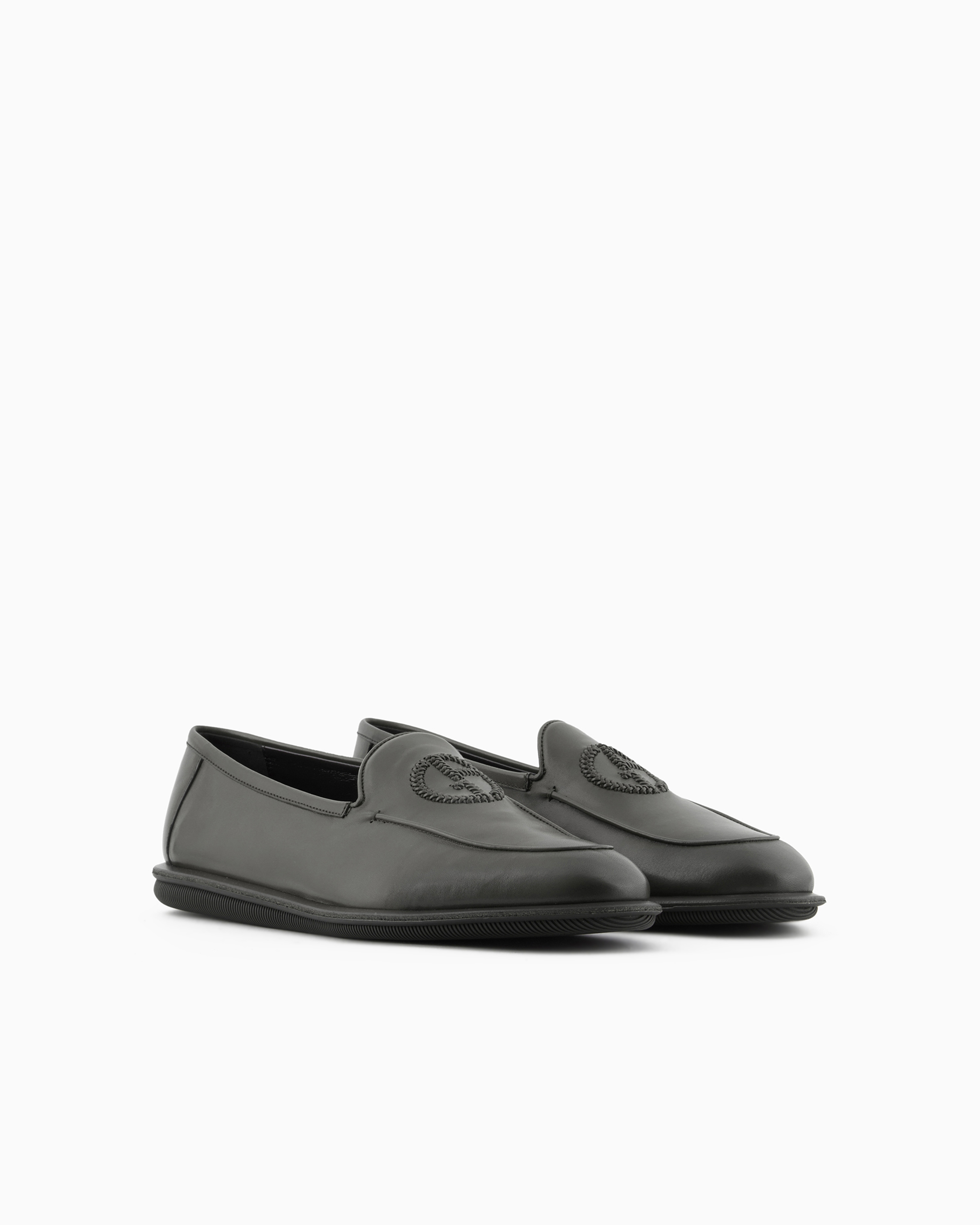 Giorgio Armani Official Store Vintage Nappa Leather Loafers With Embroidered Logo In Green