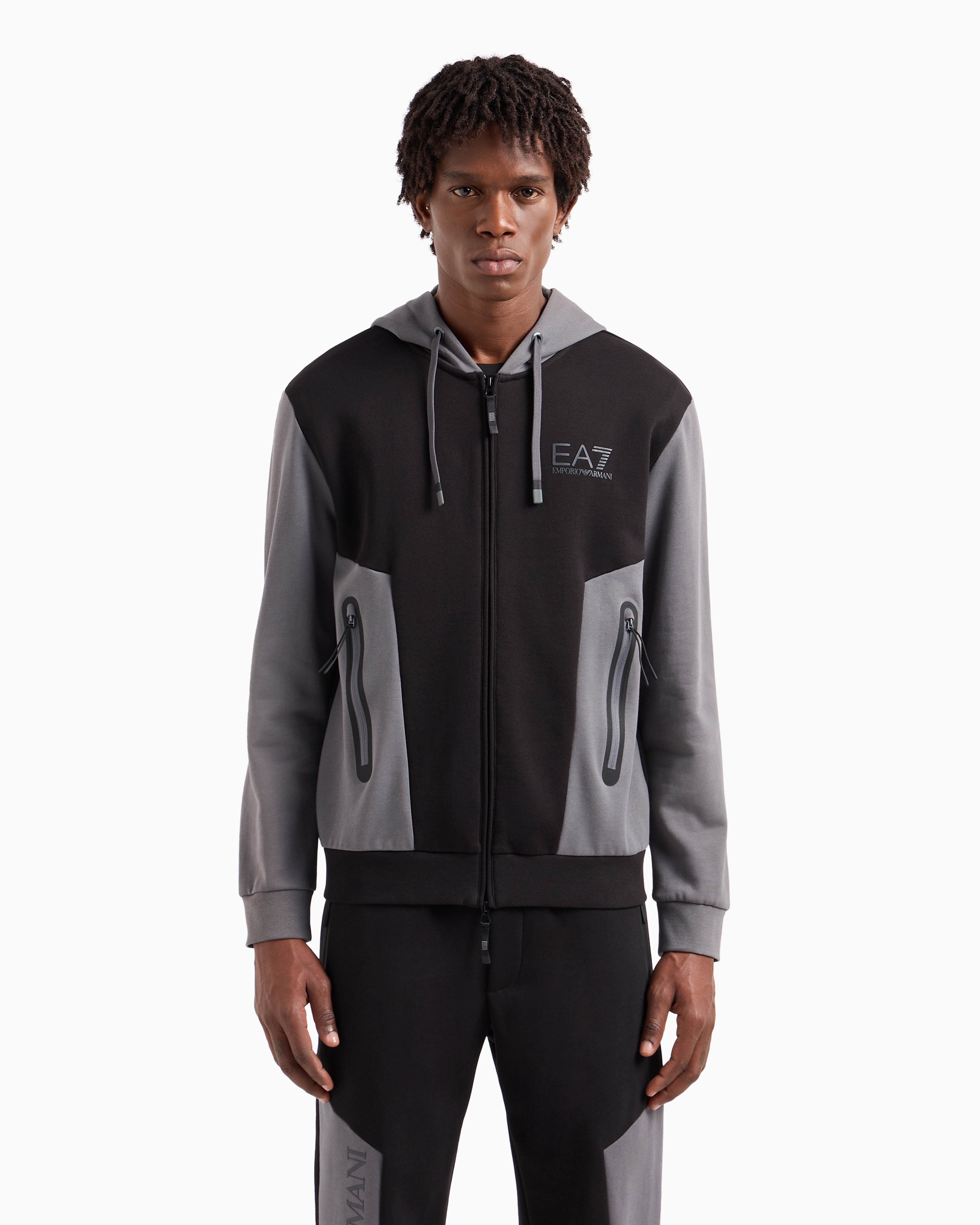 Ea7 Athletic Colour Block Hooded Sweatshirt In A Cotton Blend In Black