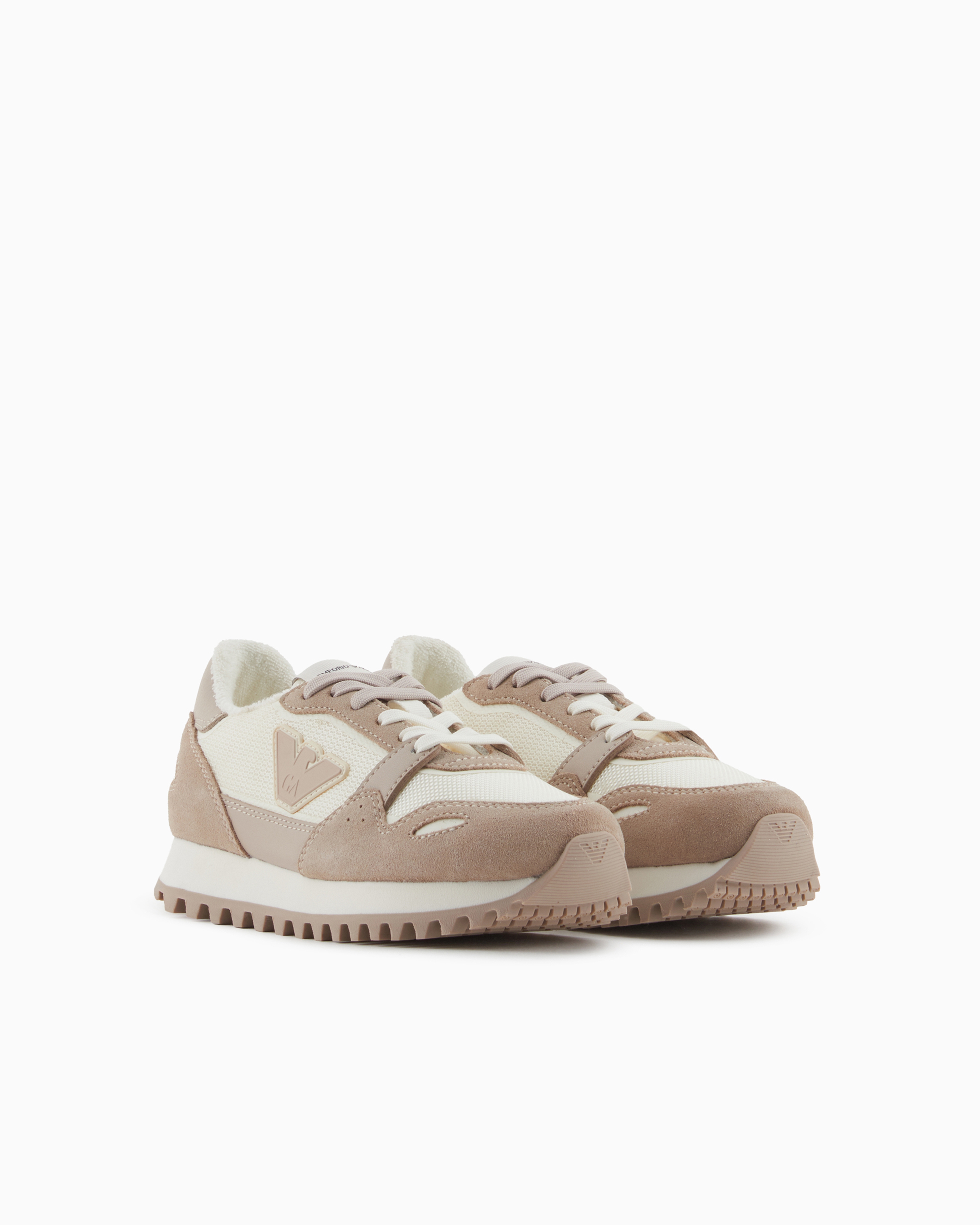 Emporio Armani Official Store Suede And Mesh Sneakers With Eagle In Beige Logo