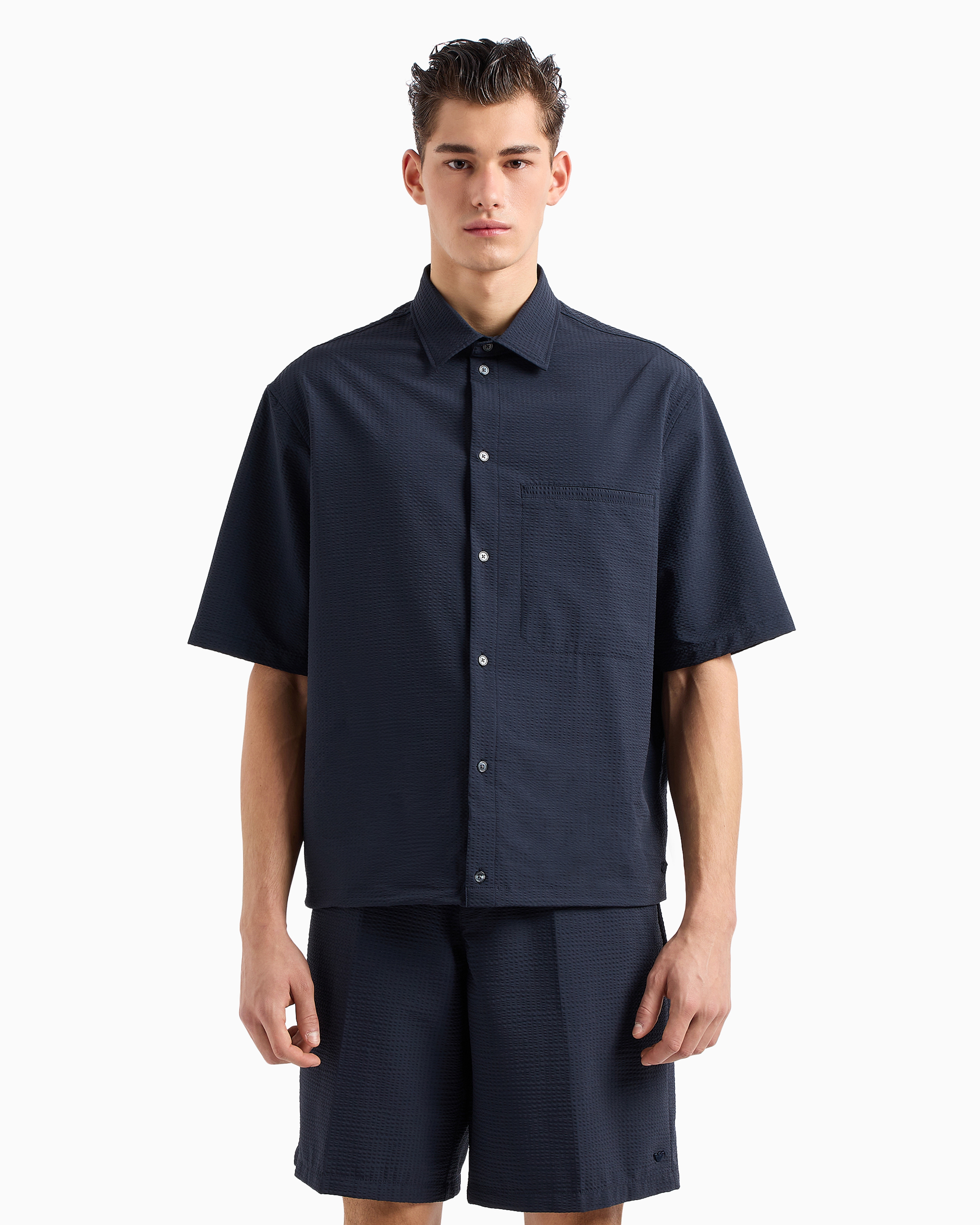 Shop Emporio Armani Short-sleeved Oversized Shirt In Technical Seersucker In Navy Blue