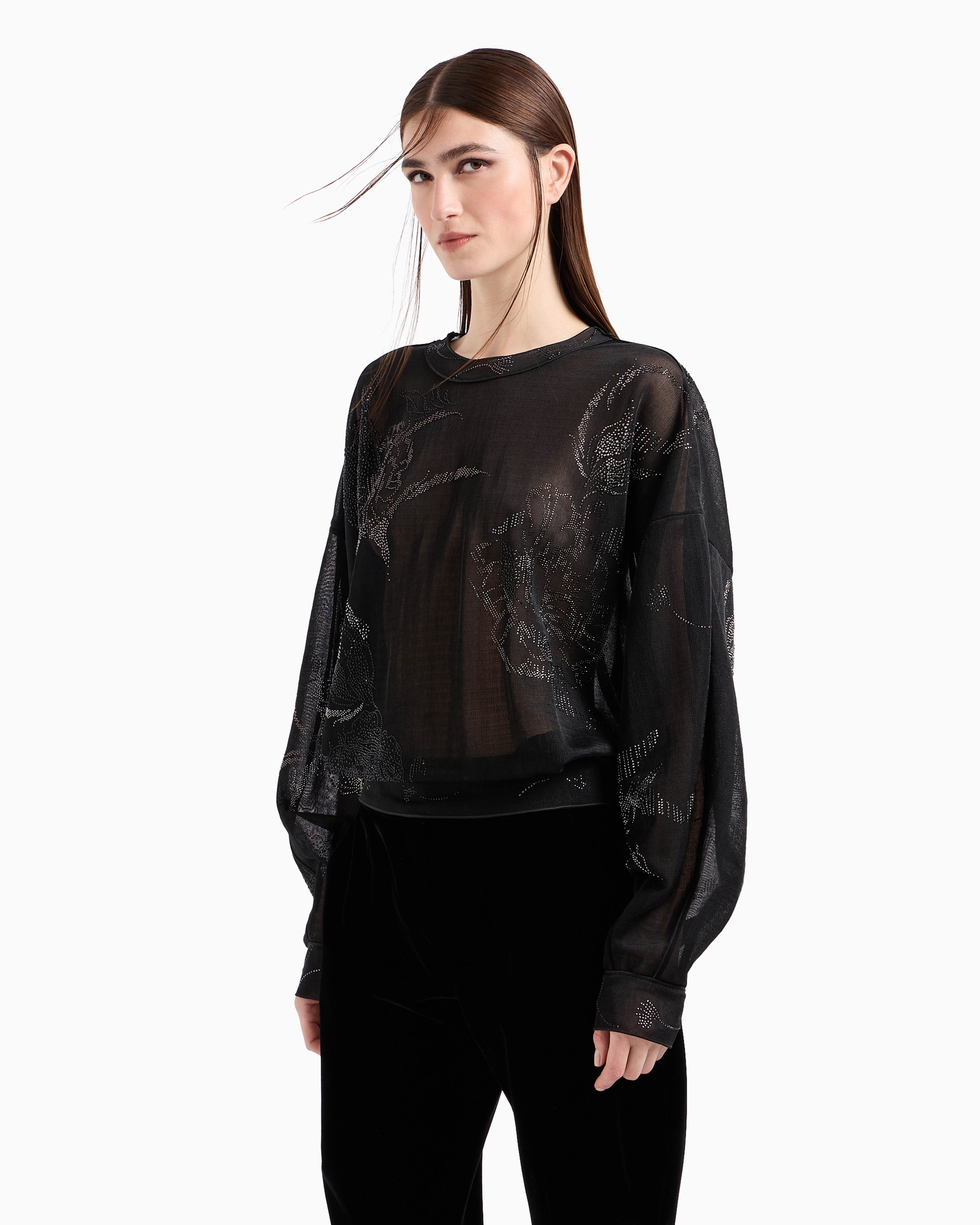 Giorgio Armani Sheer Interlock Shirt With Swarovski Embroidery In Black
