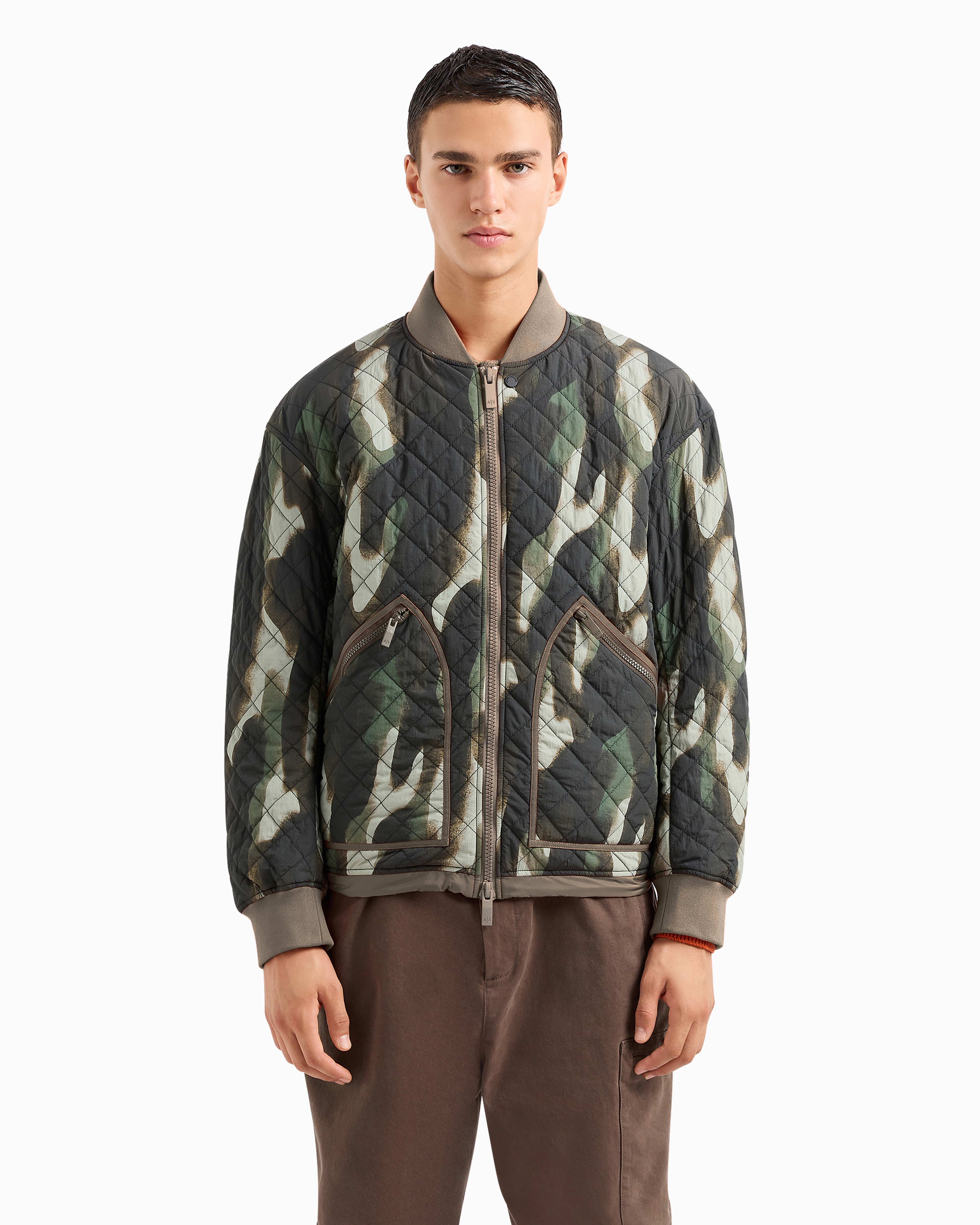 Shop Armani Exchange Bomber Jacket In Crinkle Camouflage Fabric With Contrasting Details In Verde Scuro 1