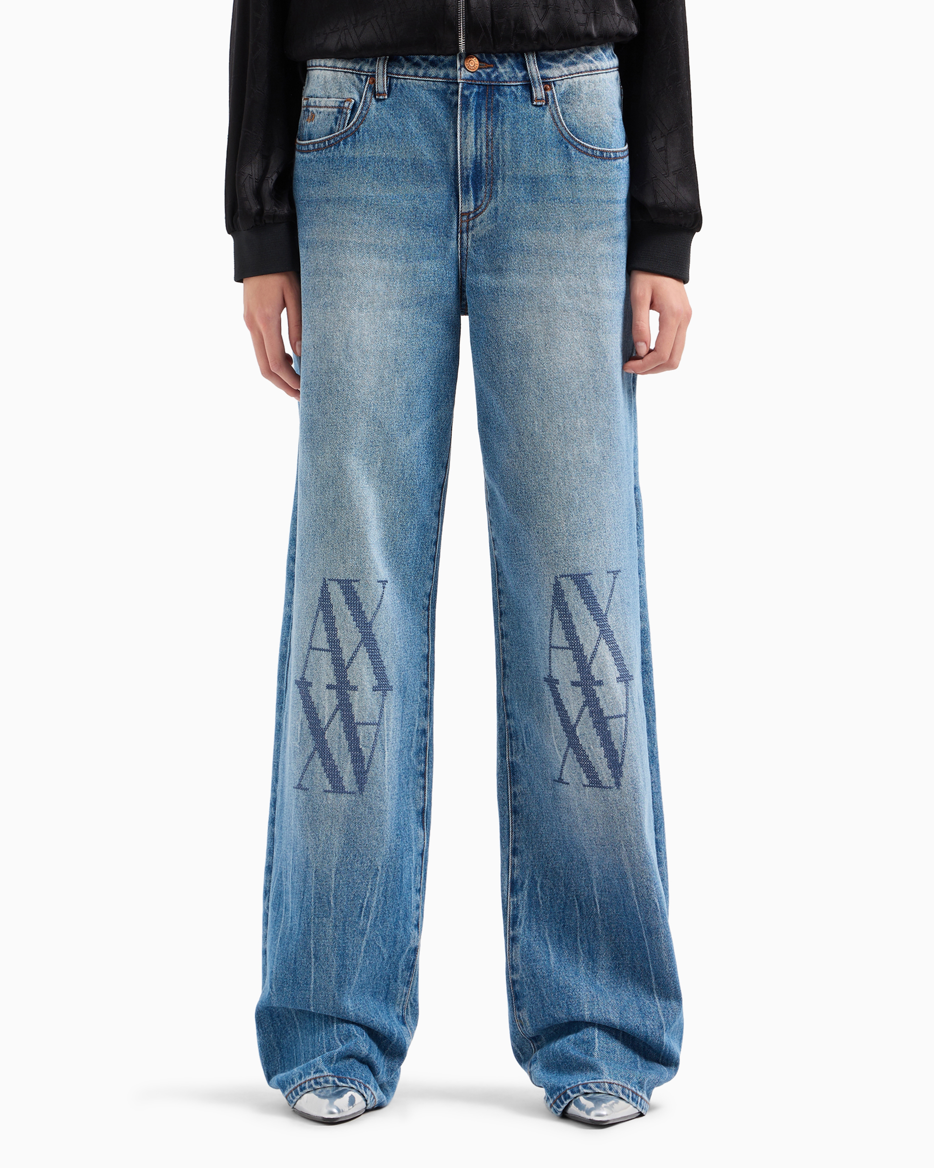 Shop Armani Exchange Relaxed Fit Jeans In Stiff Denim With Embroidered Monogram In Medium Blue