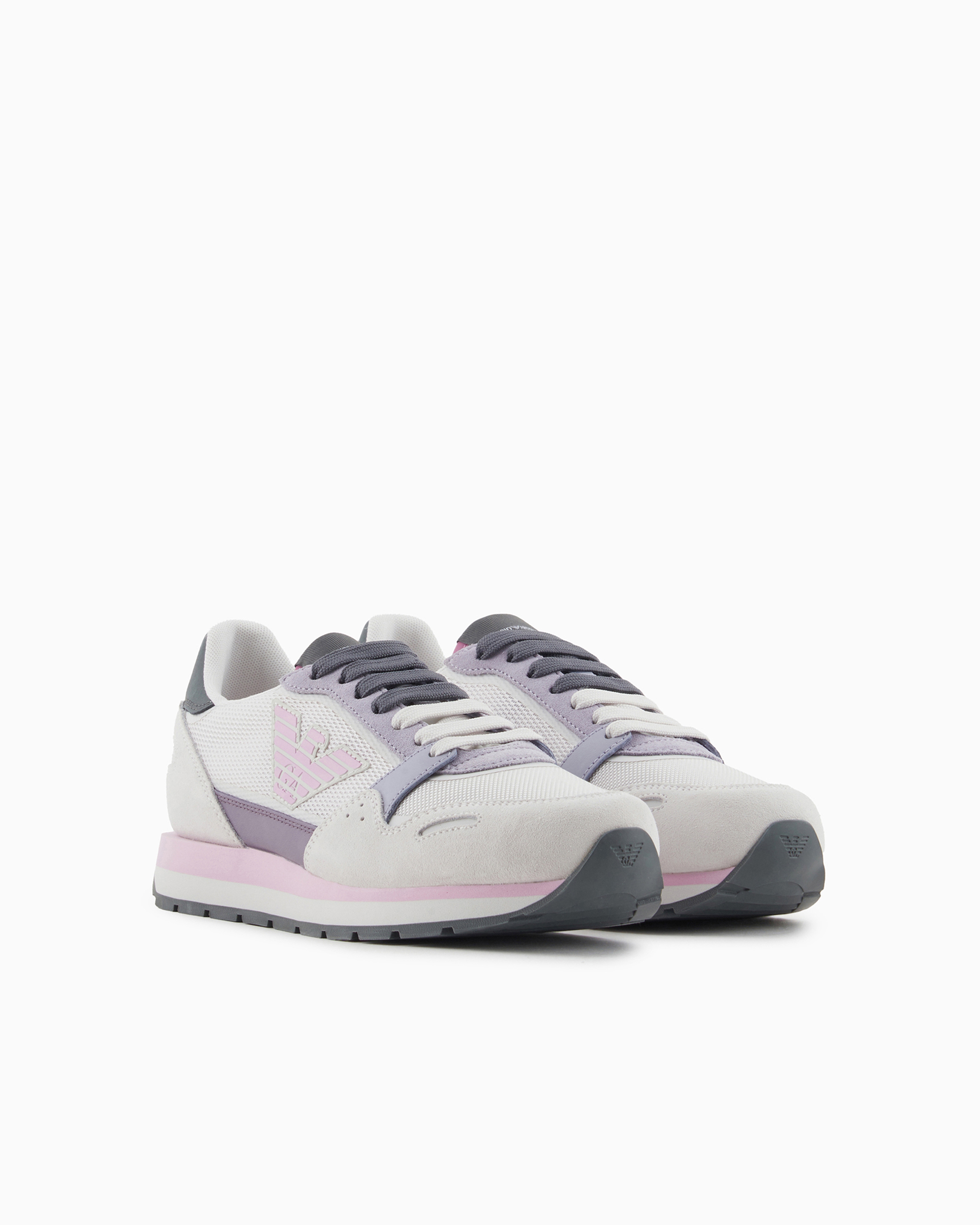 Emporio Armani Official Store Mesh Sneakers With Suede Details And Eagle Patch In Light Gray