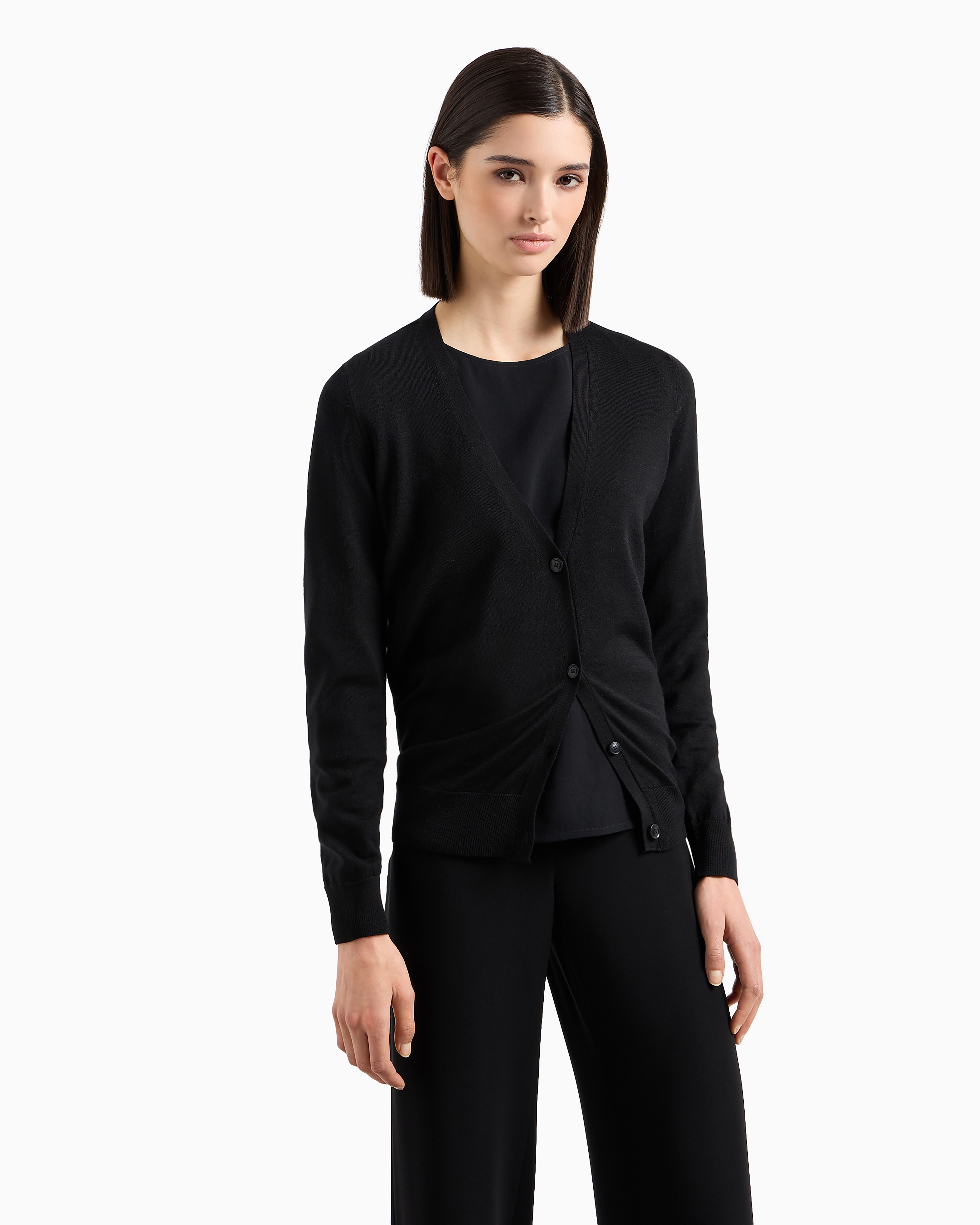 Shop Emporio Armani Plain Knit Pure Virgin Wool Cardigan In Black