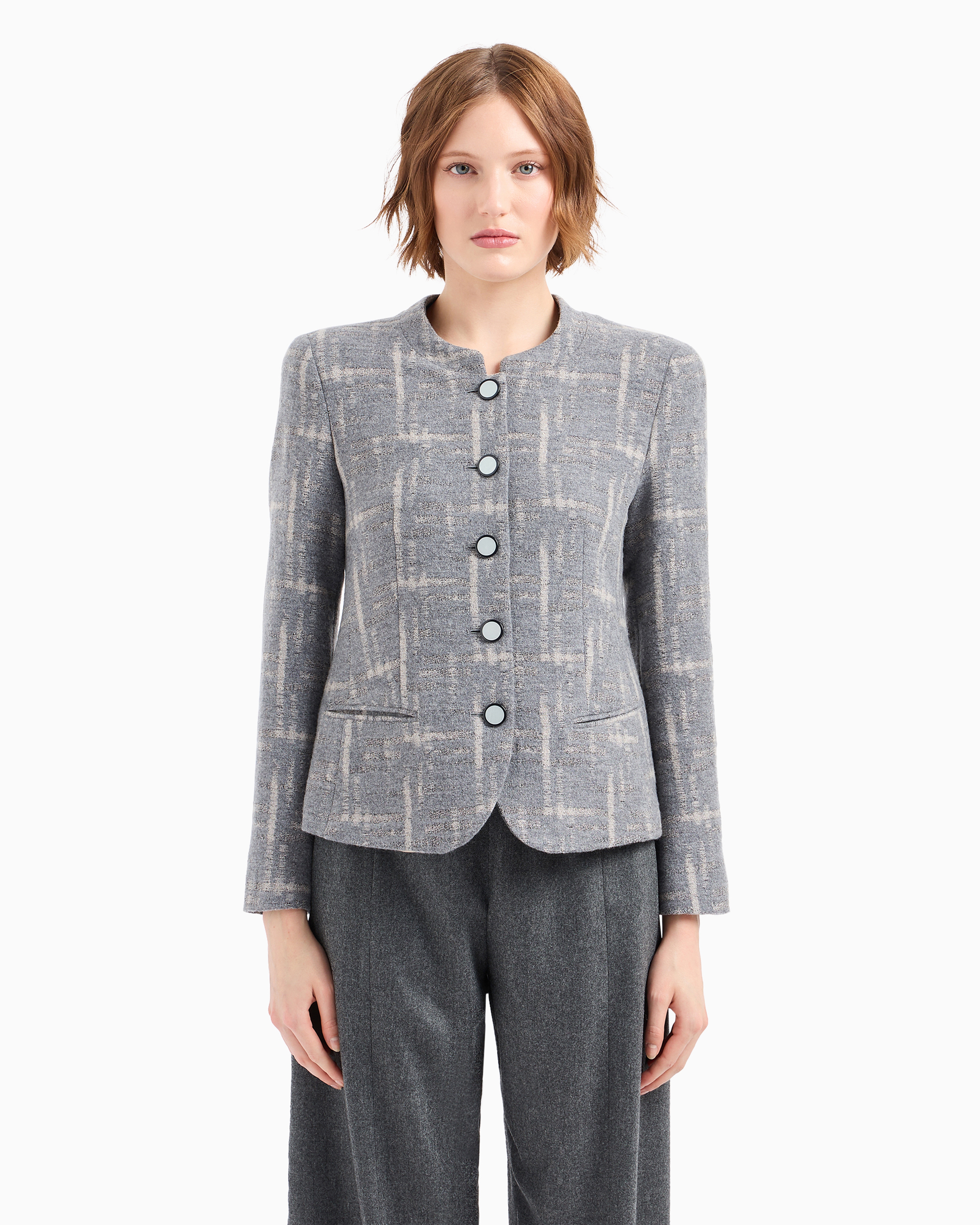 Shop Emporio Armani Icon Jacket In A Brushed Wool Blend With A Jacquard Check Pattern In Gris