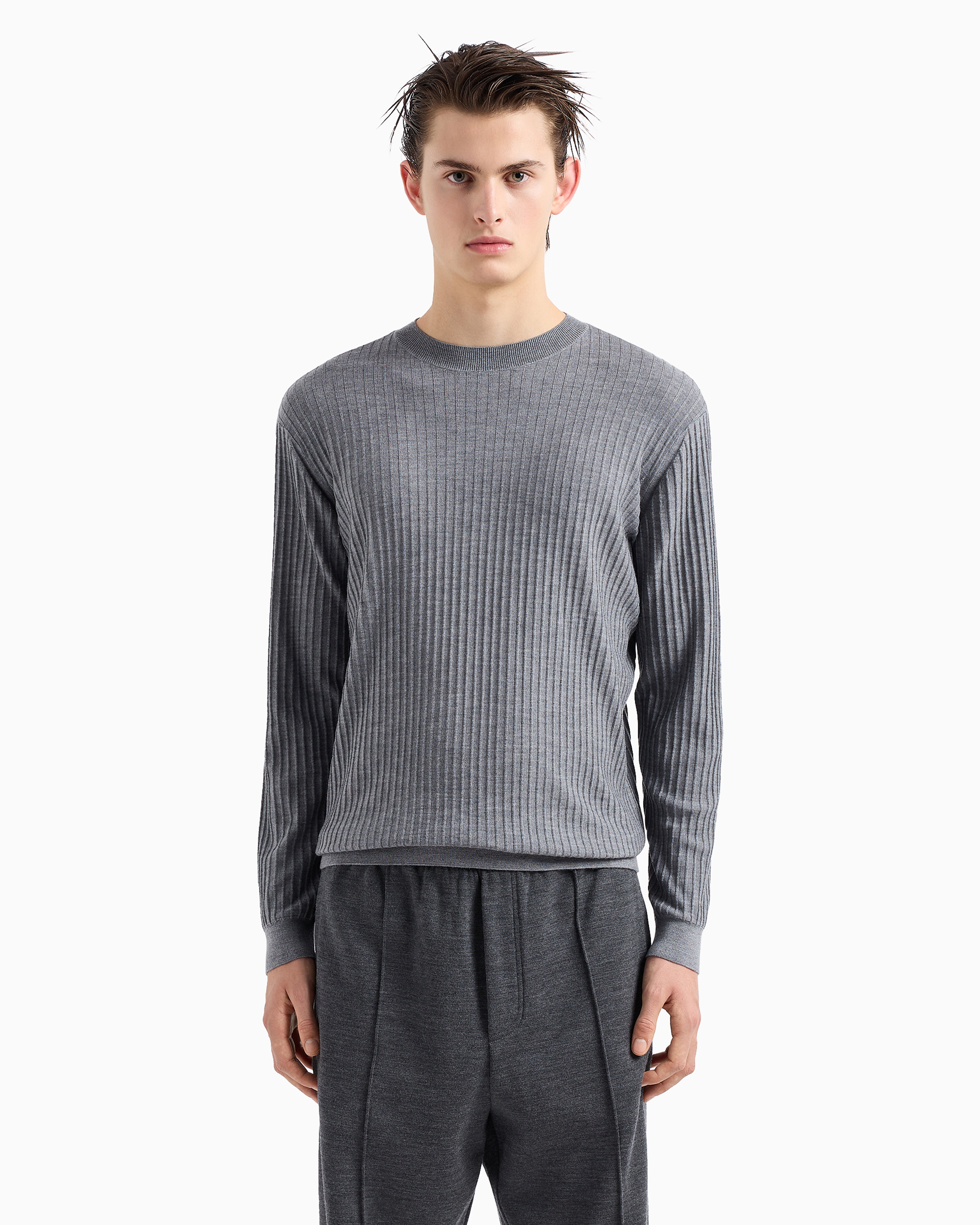 Shop Emporio Armani Travel Essential Ribbed-effect Virgin-wool Jumper In Gray