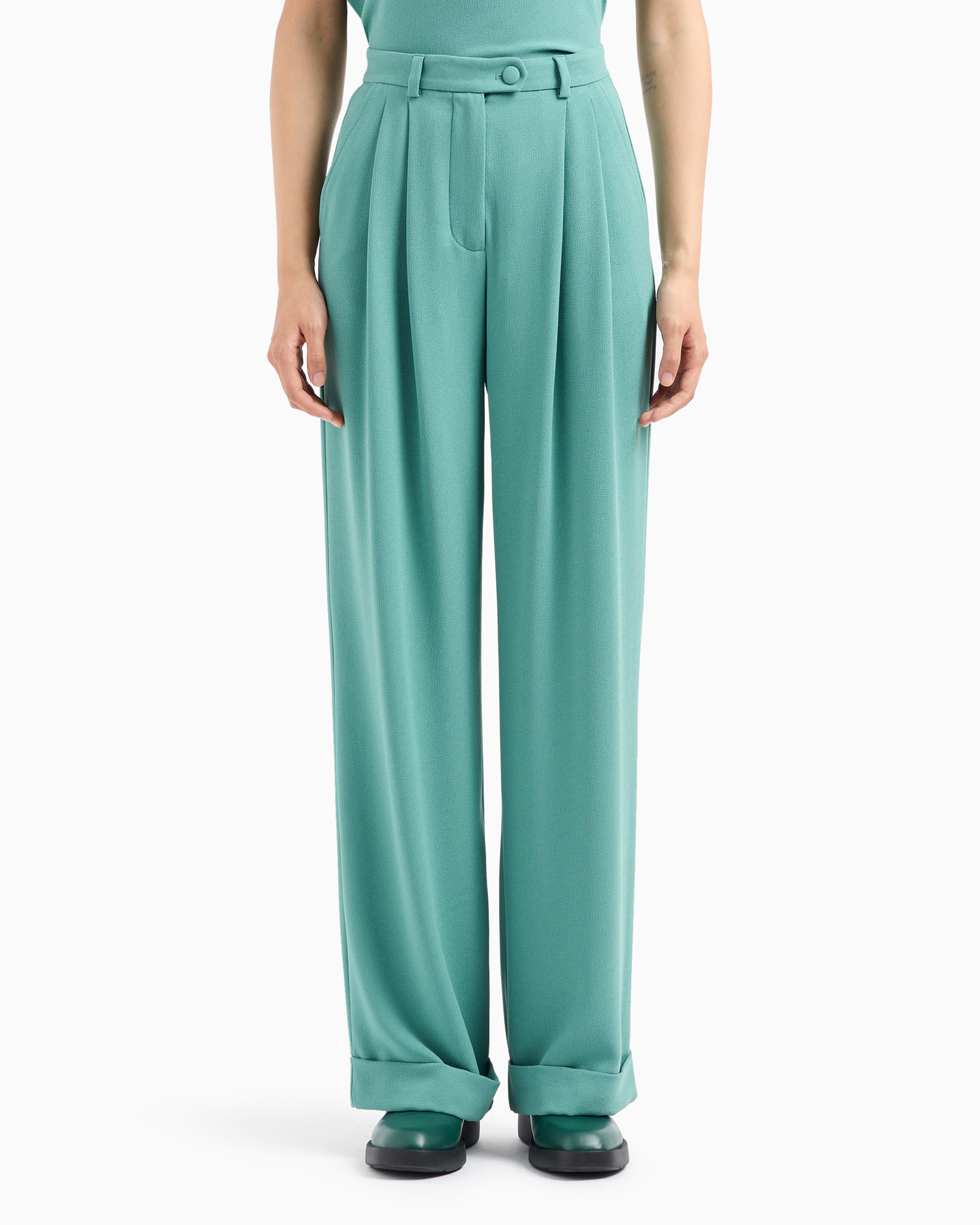 Shop Emporio Armani Sablé Stretch Fabric Trousers With Pleats In Vert