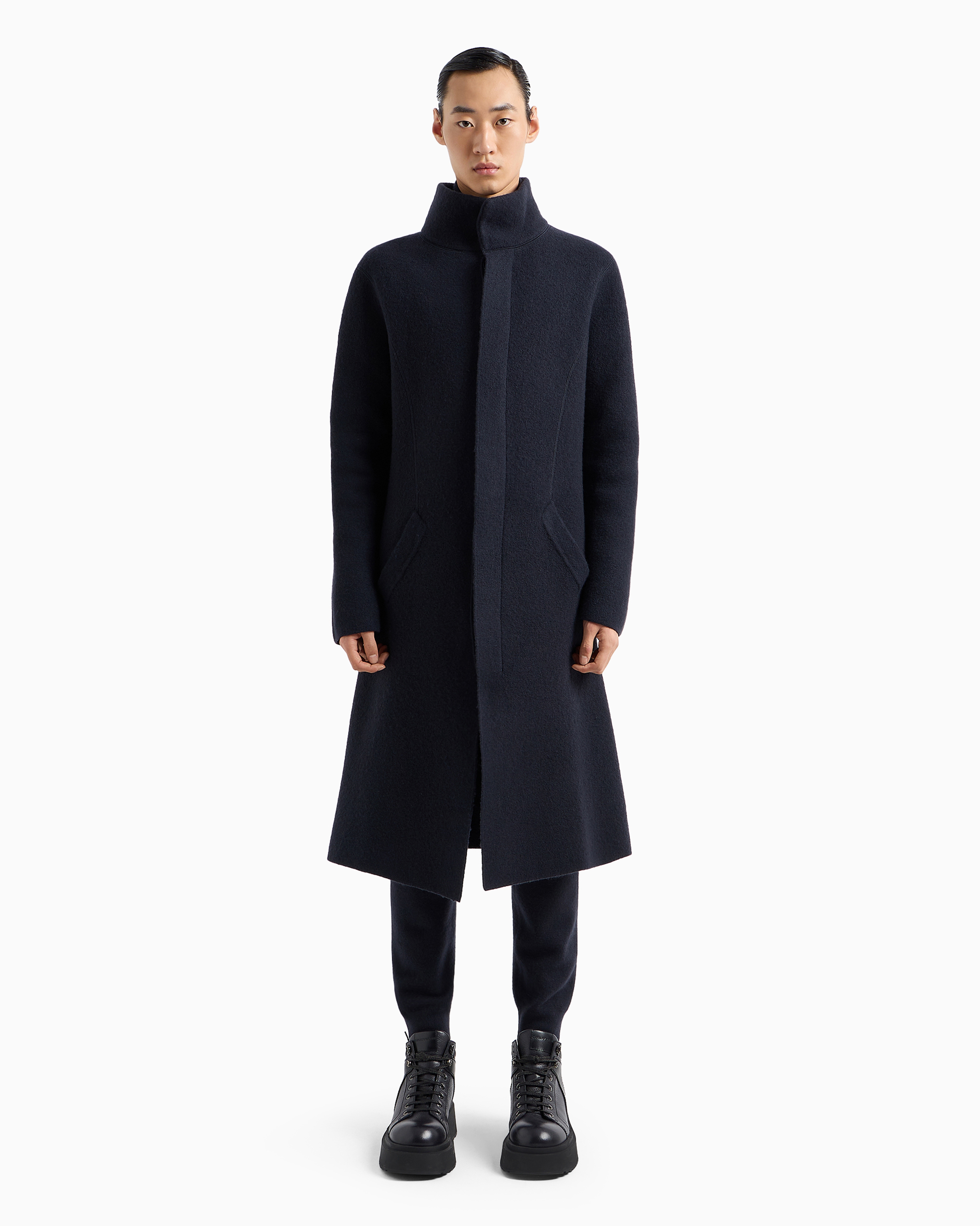 Shop Emporio Armani Icon Virgin-wool, Plain-knit Turtleneck Coat In Navy_blue