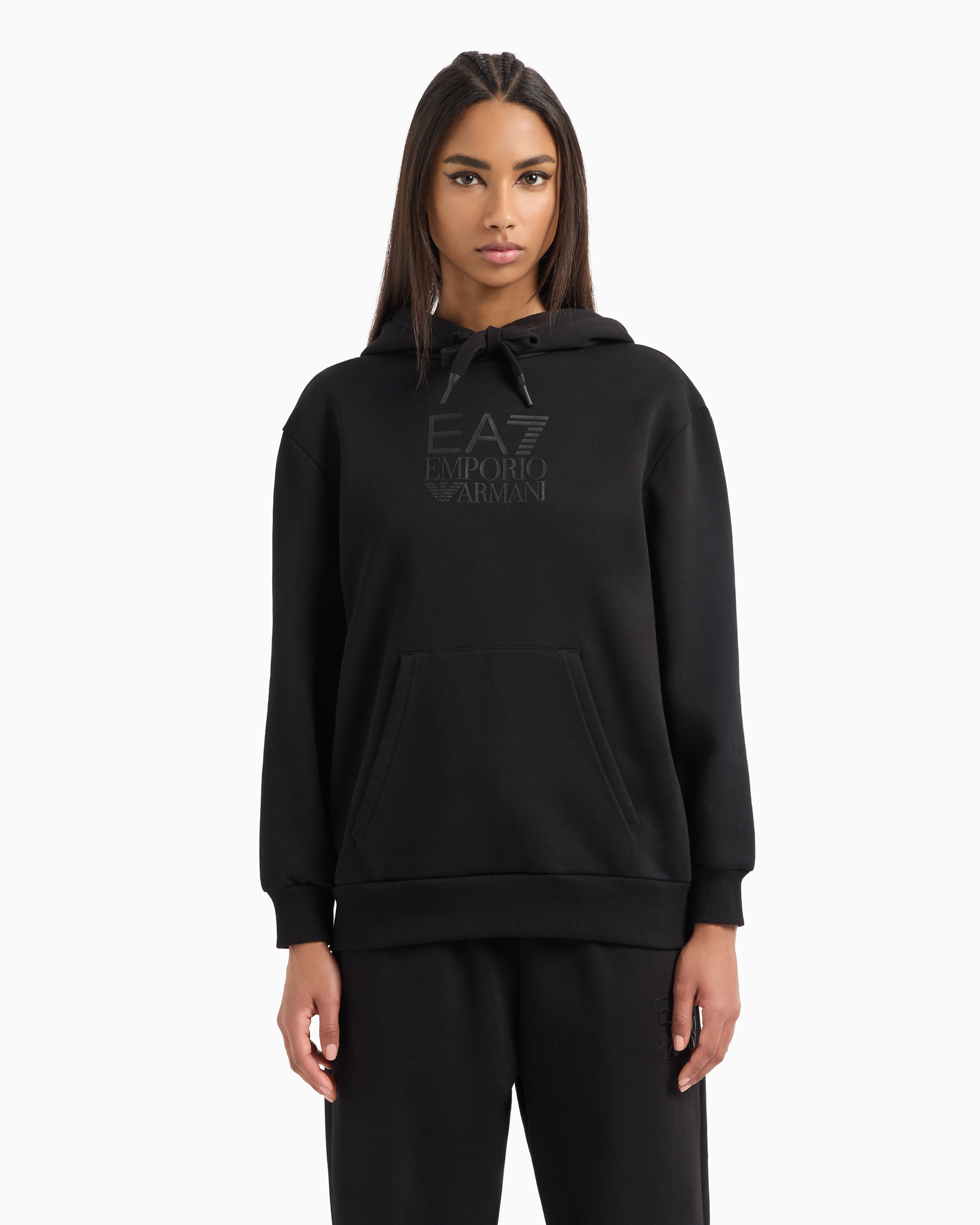 Shop Ea7 Visibility Cotton-blend Hooded Sweatshirt In Black