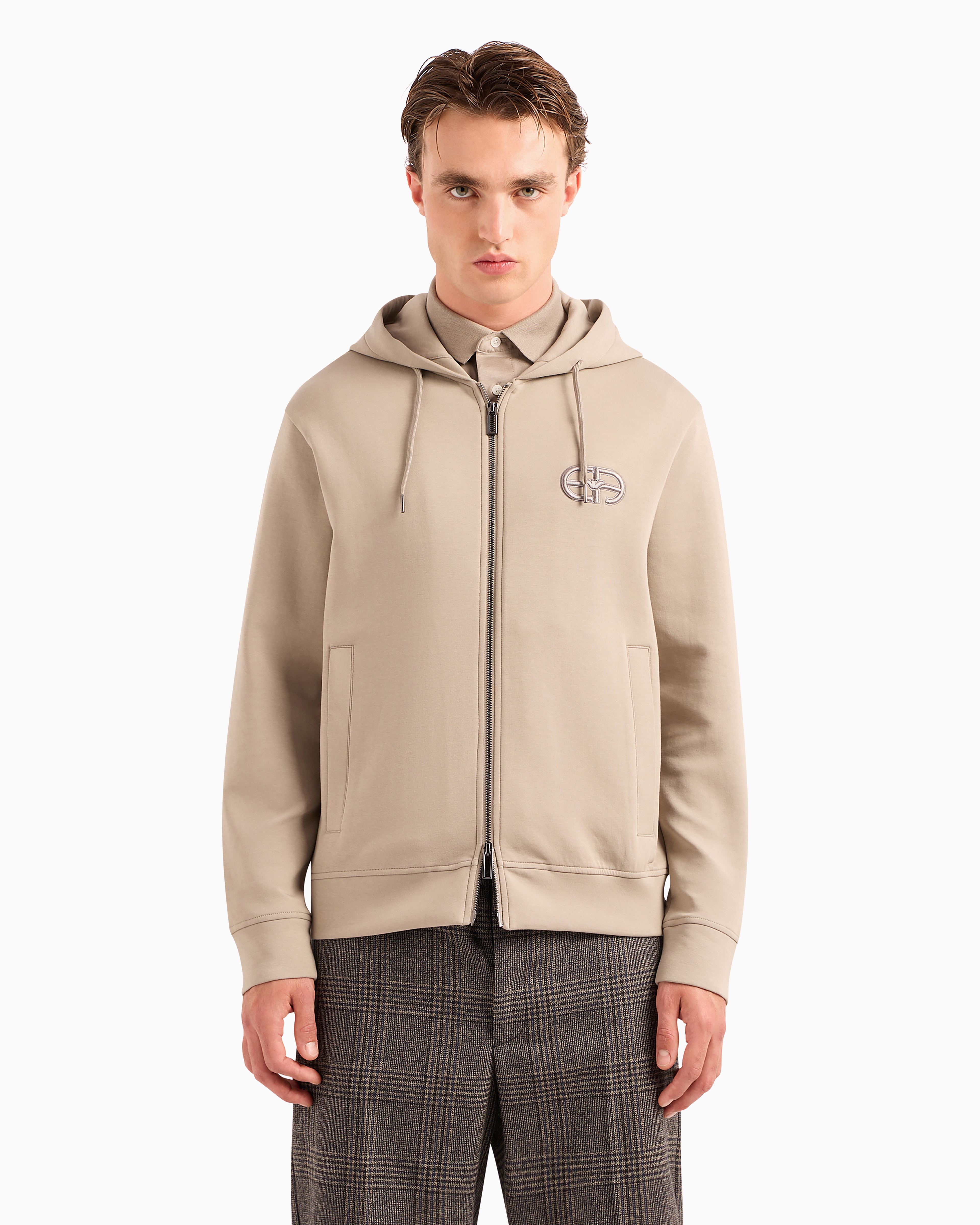 Emporio Armani Double-jersey Zip-up Hooded Sweatshirt With Embossed, Embroidered Ea Logo In Beige