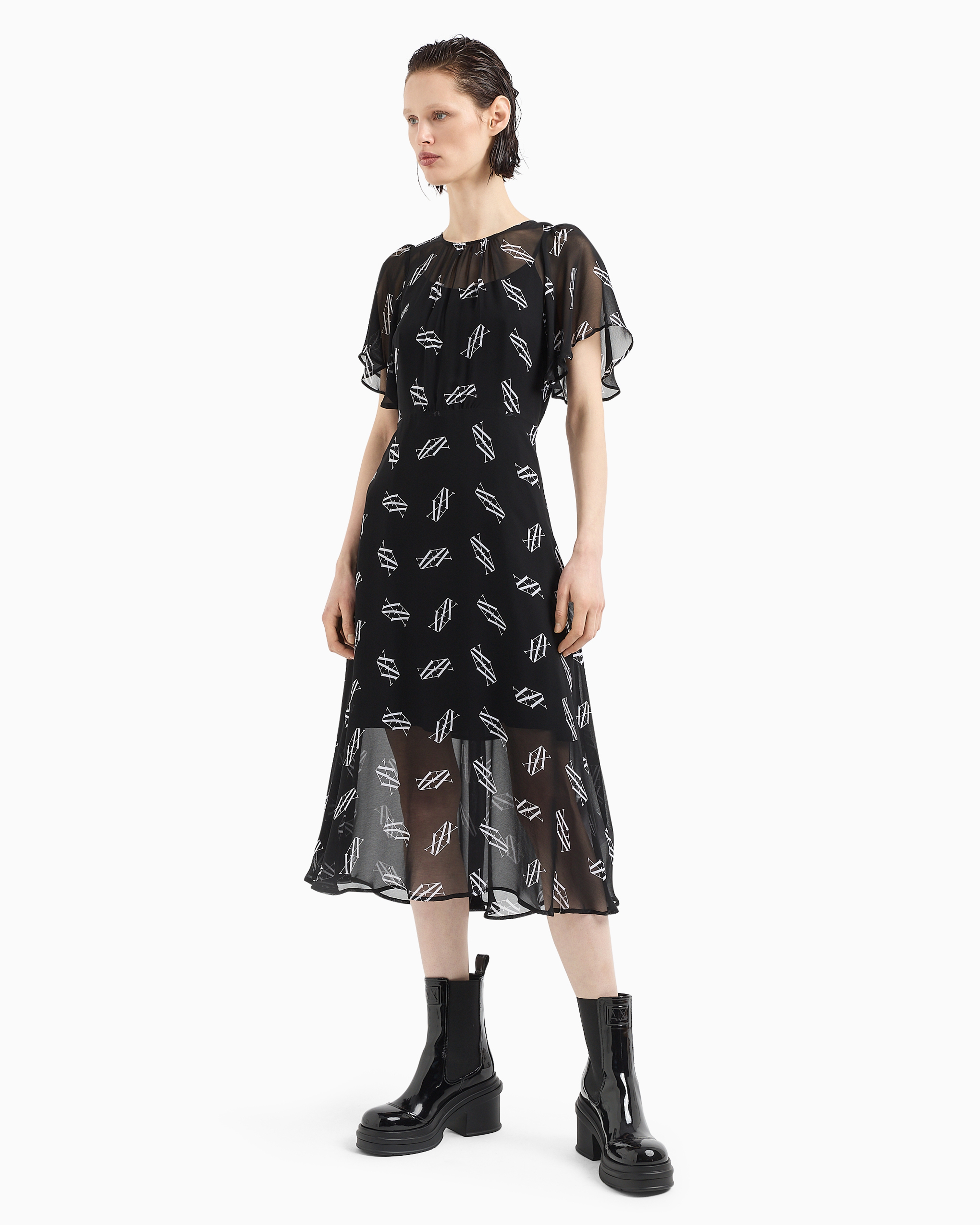 Shop Armani Exchange Asv Monogram Asymmetric Chiffon Dress In Black Logo