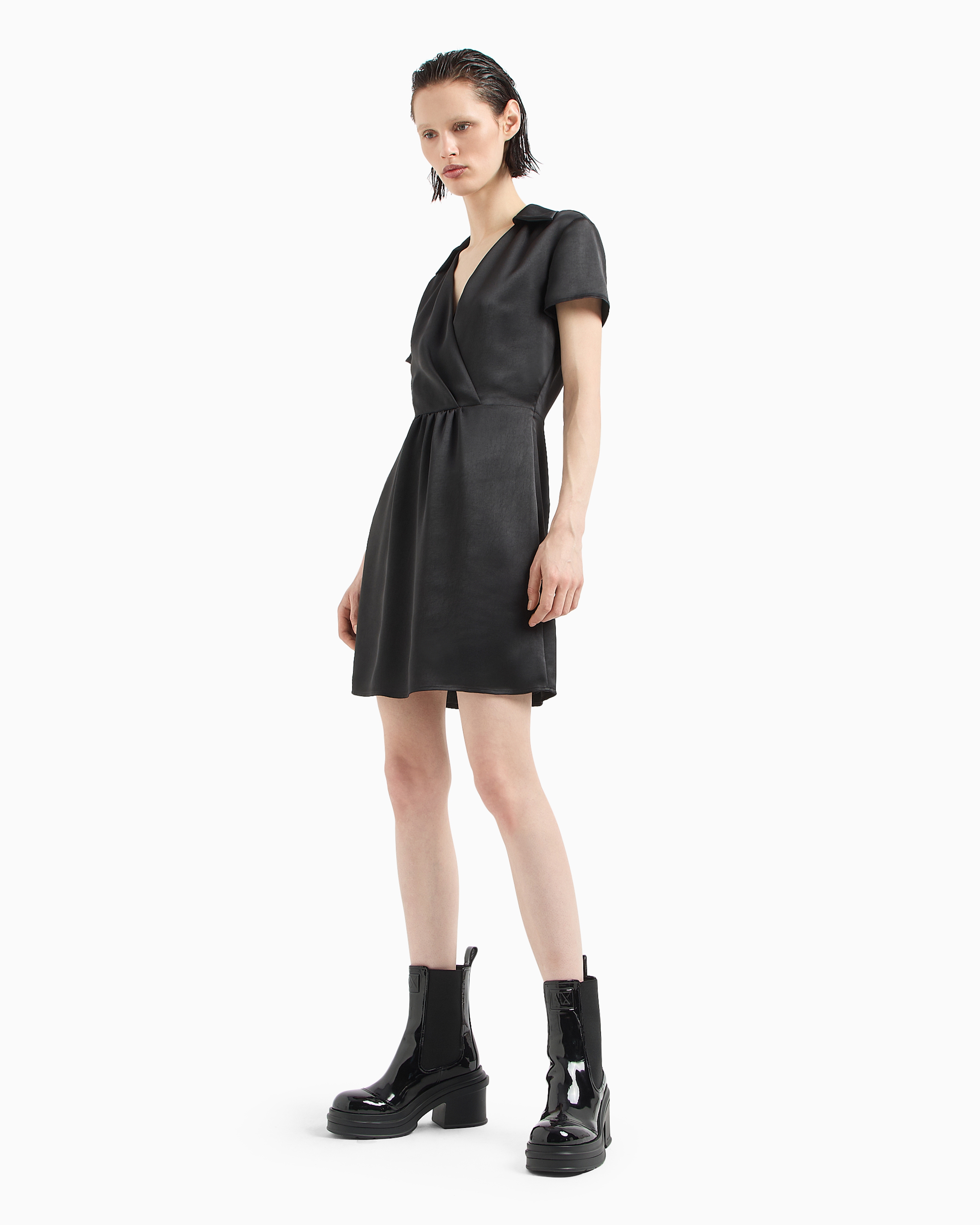 Shop Armani Exchange Short Satin Dress With Overlapping Neckline In Black