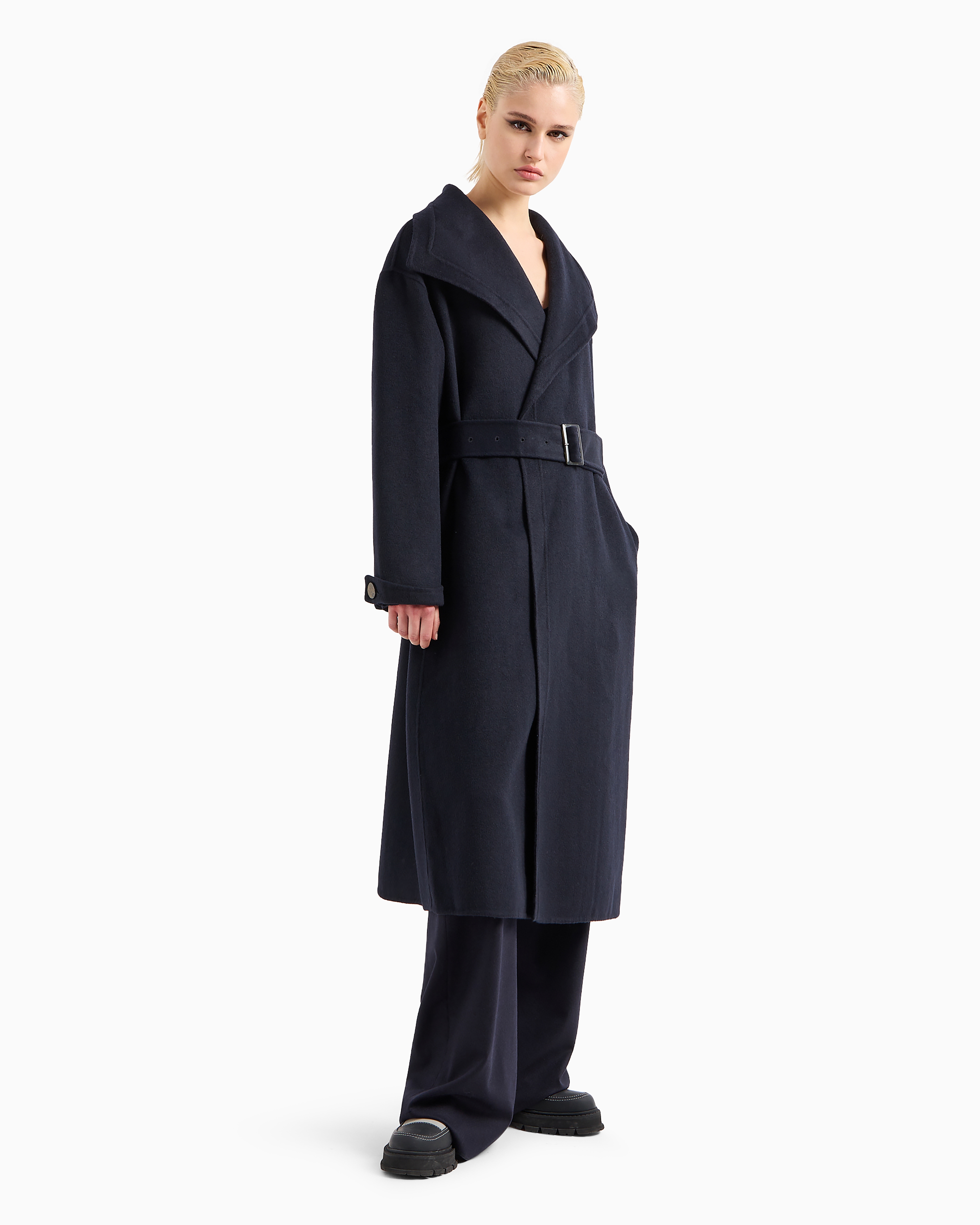 Emporio Armani Official Store Compact Double Wool-blend Robe Coat In Navy Blue