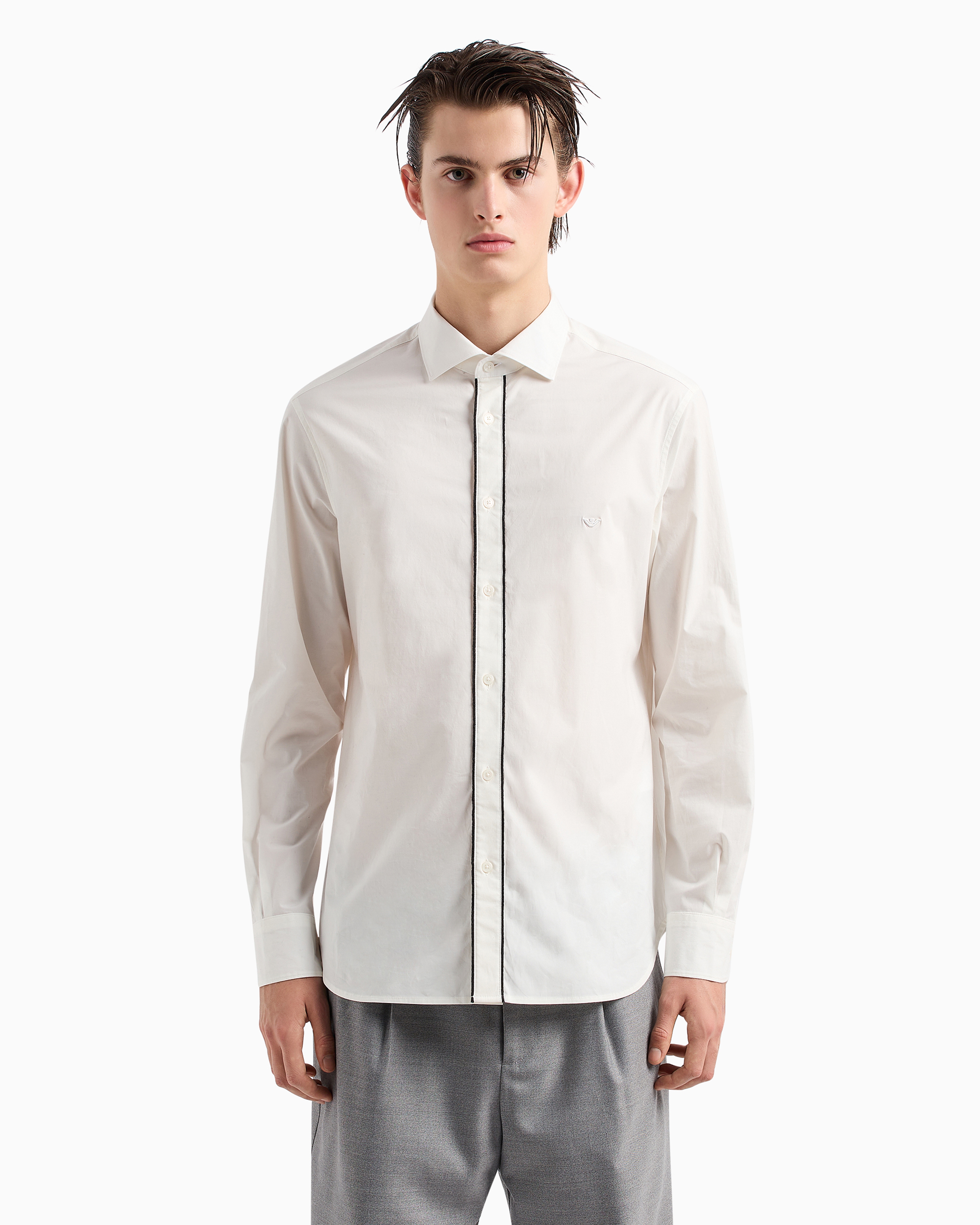 Emporio Armani Official Store Pima Canvas Shirt With Piped Placket In White