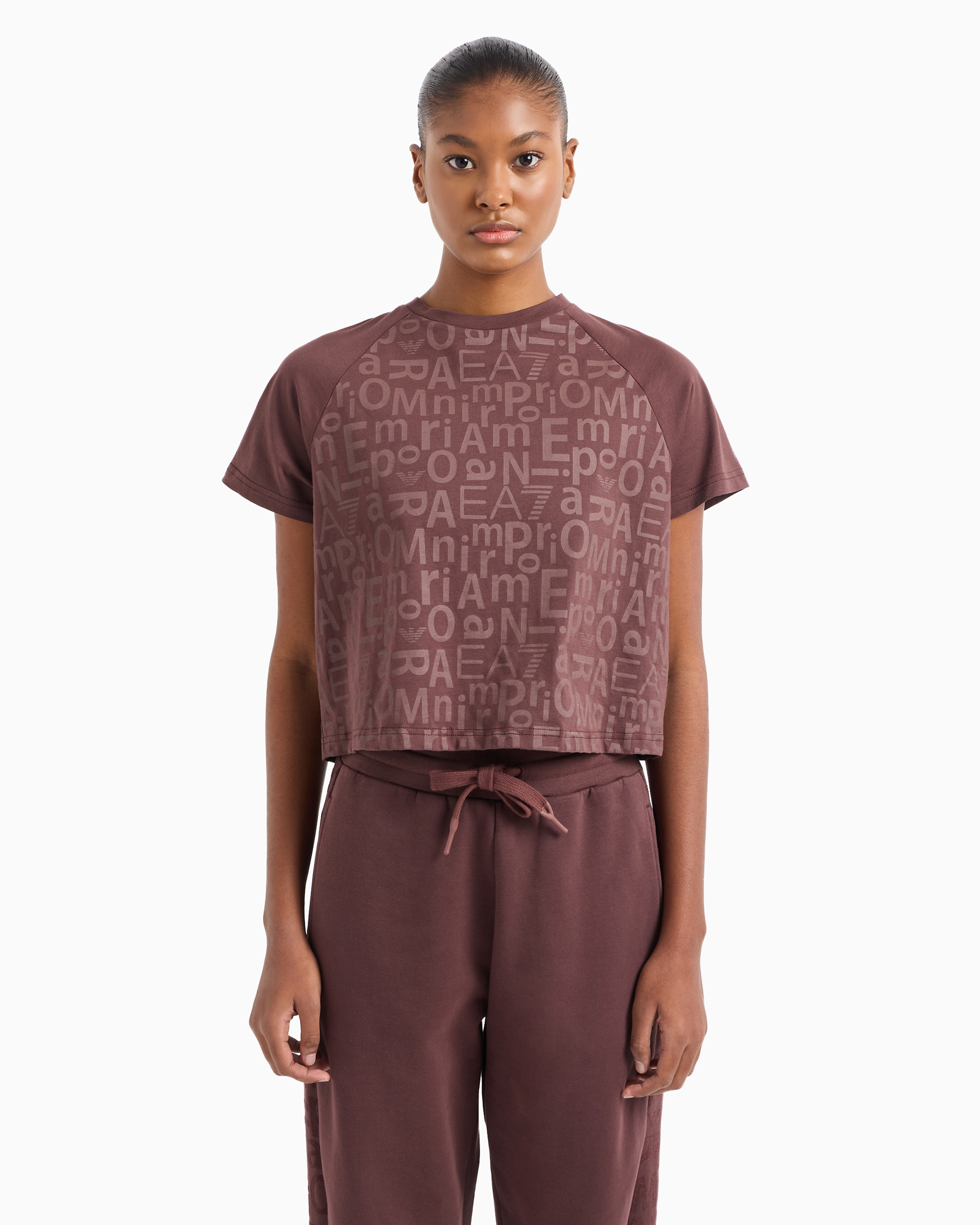 Ea7 Graphic Series Stretch-cotton Cropped T-shirt With All-over Print In Brown