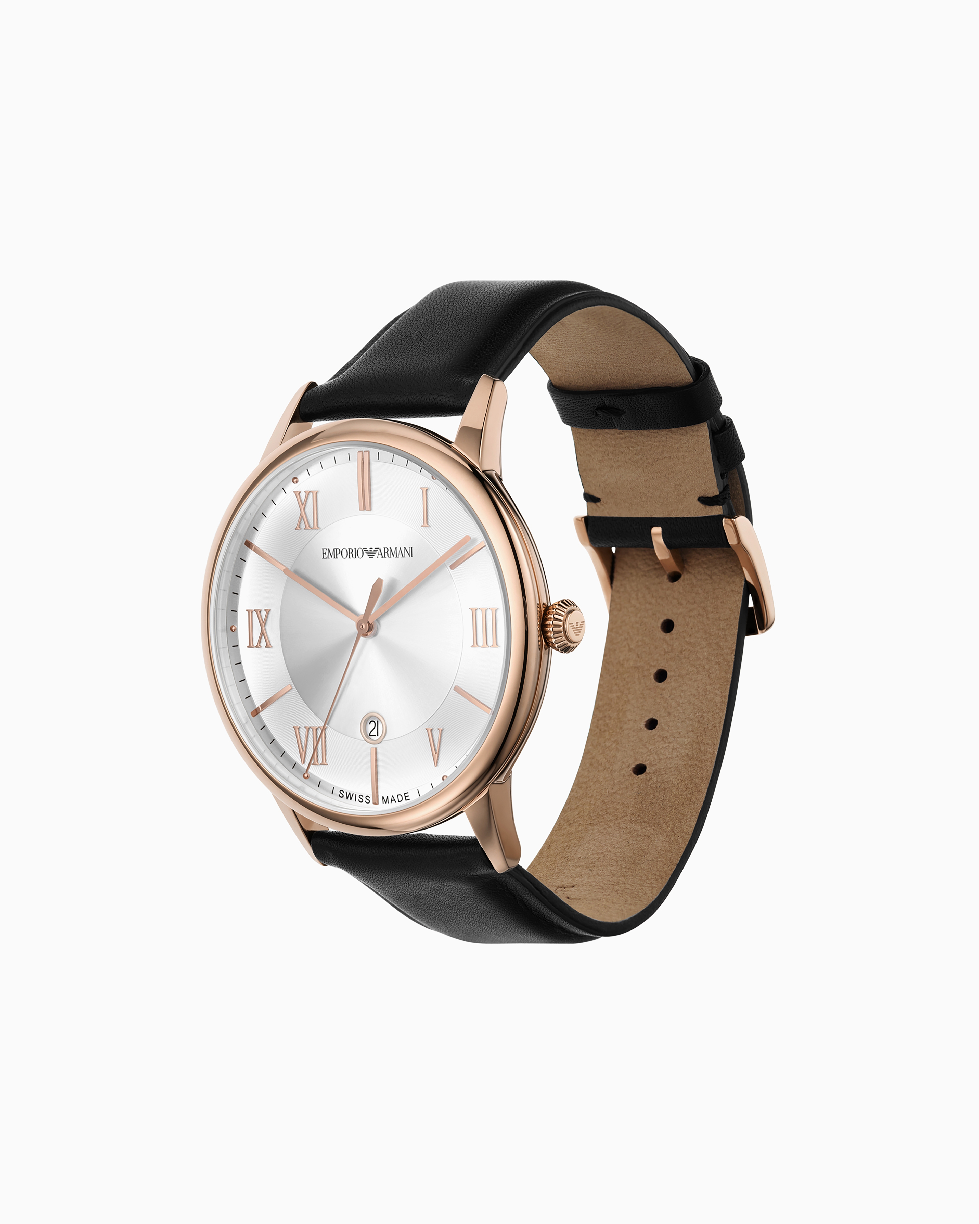 Emporio Armani Swiss Made Three-hand Date Black Leather Watch In Multicoloured
