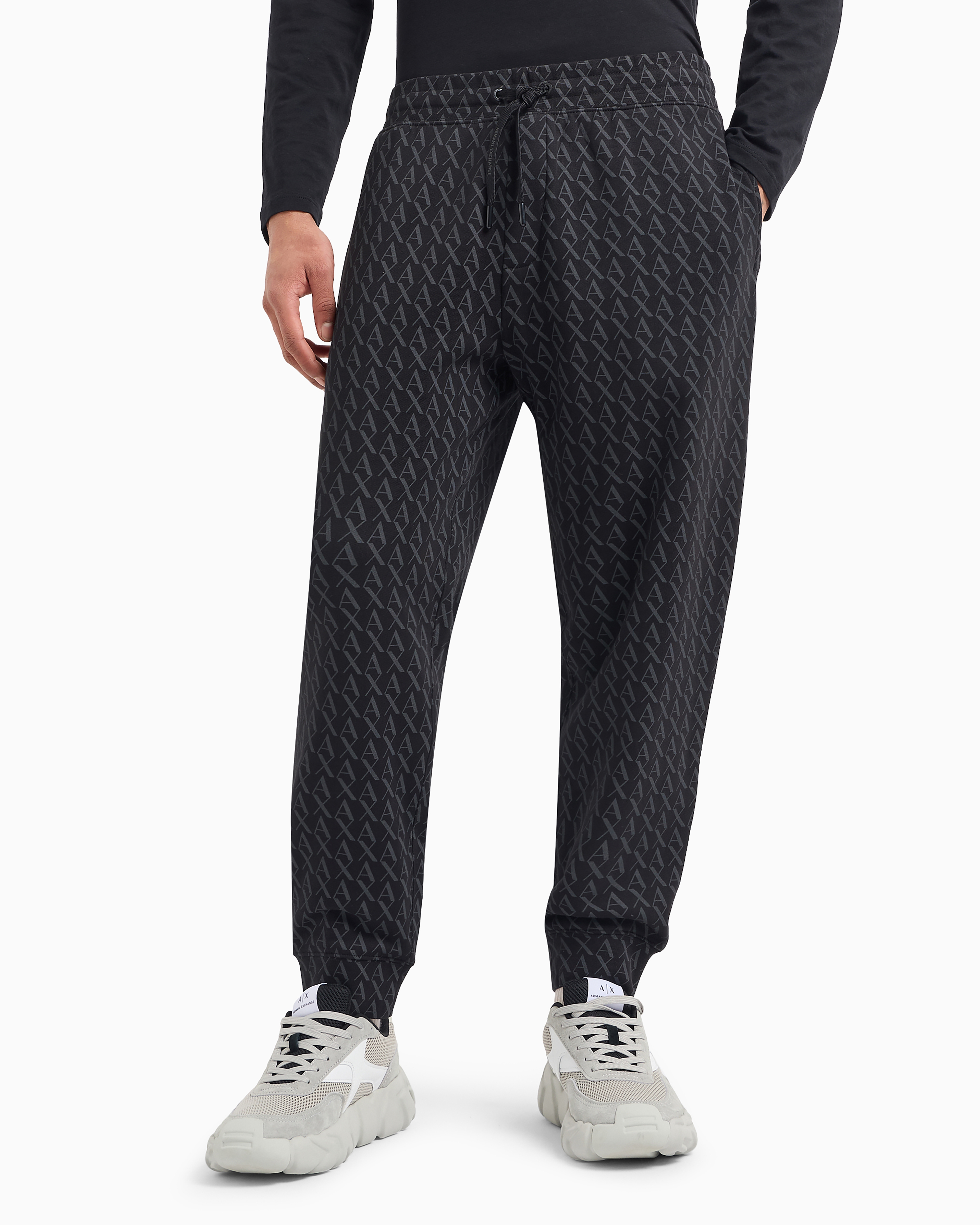 Armani Exchange Jogger Pants In Fabric With Allover Logo Pattern In Black
