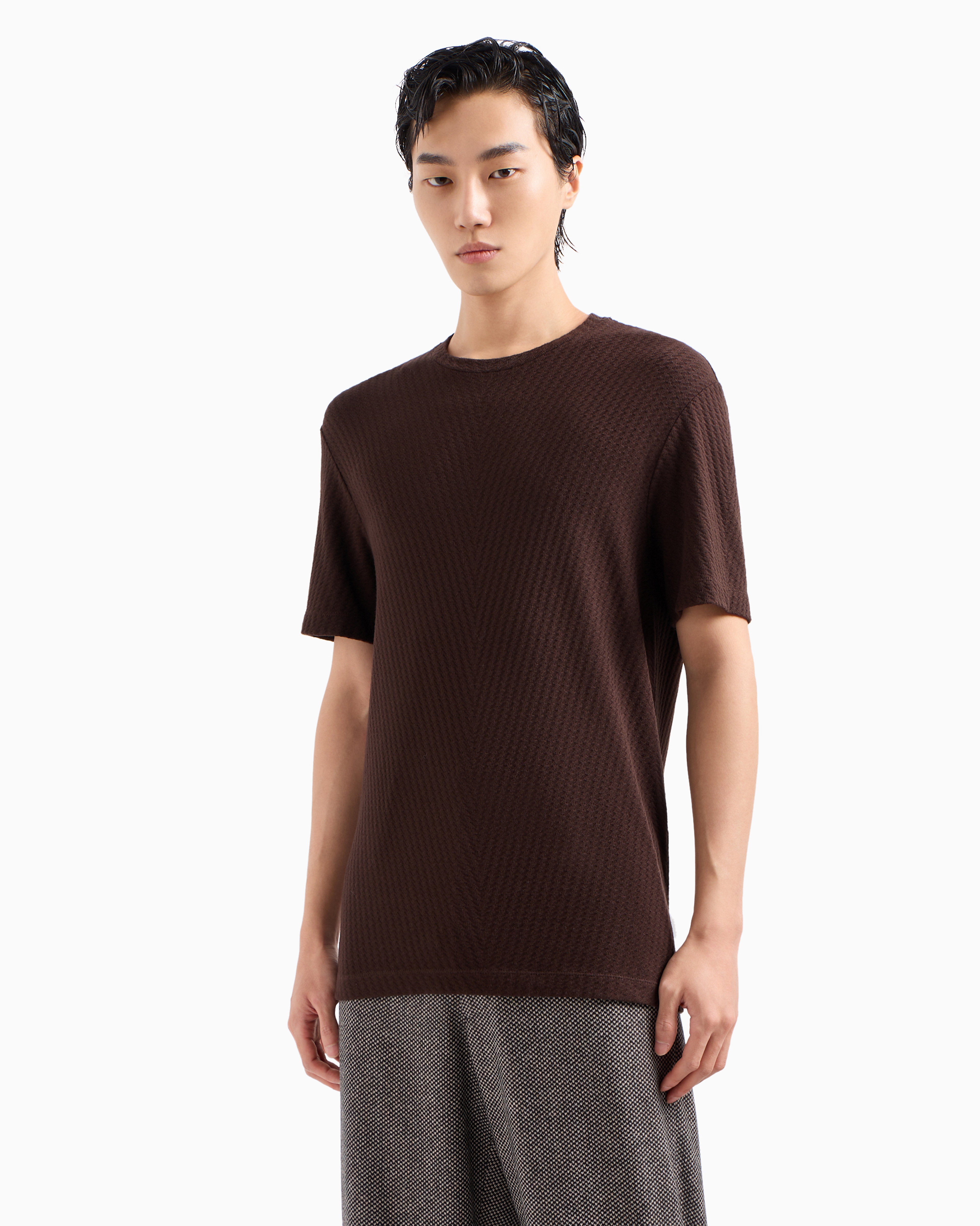 Giorgio Armani Official Store T-shirt Ras-du-cou En Jersey De Viscose Et Cachemire Jacquard In Marron