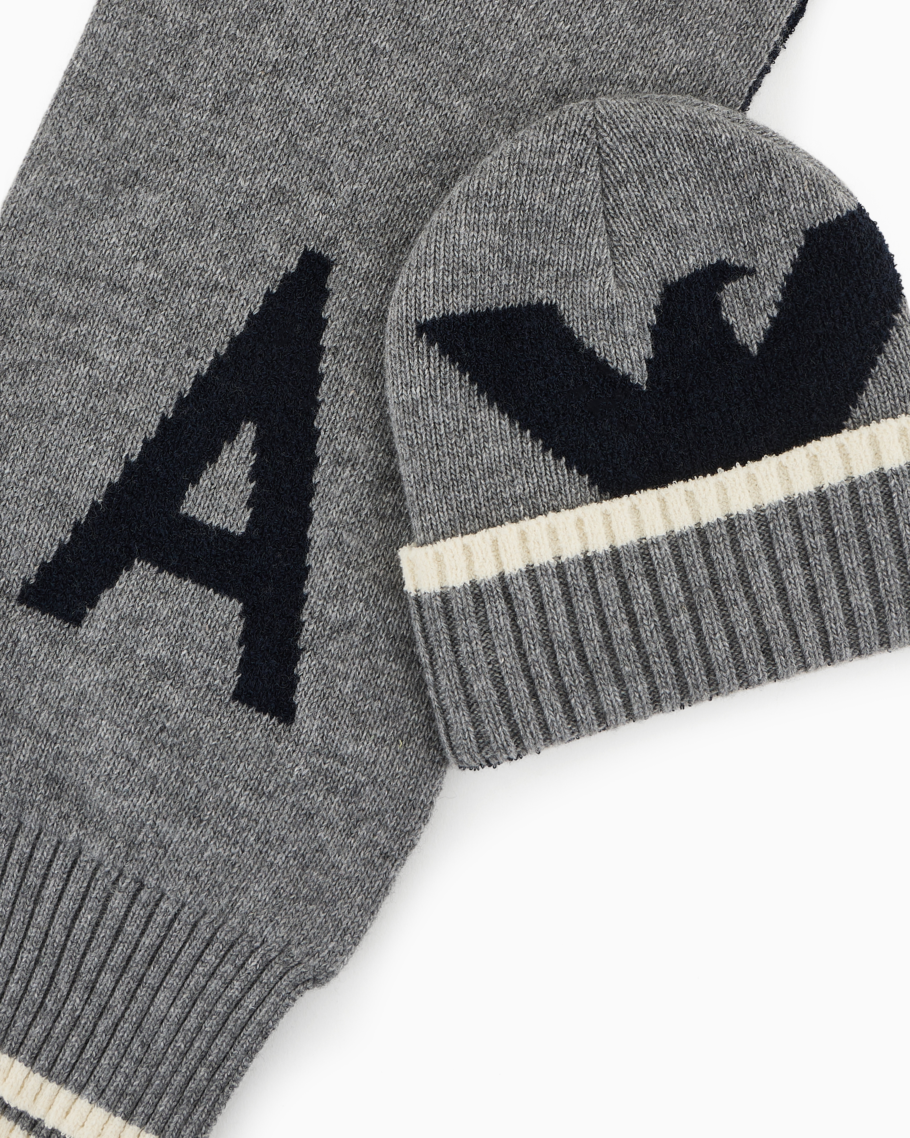 Shop Emporio Armani Wool-blend Beanie And Scarf Set With Jacquard Logo In Grey