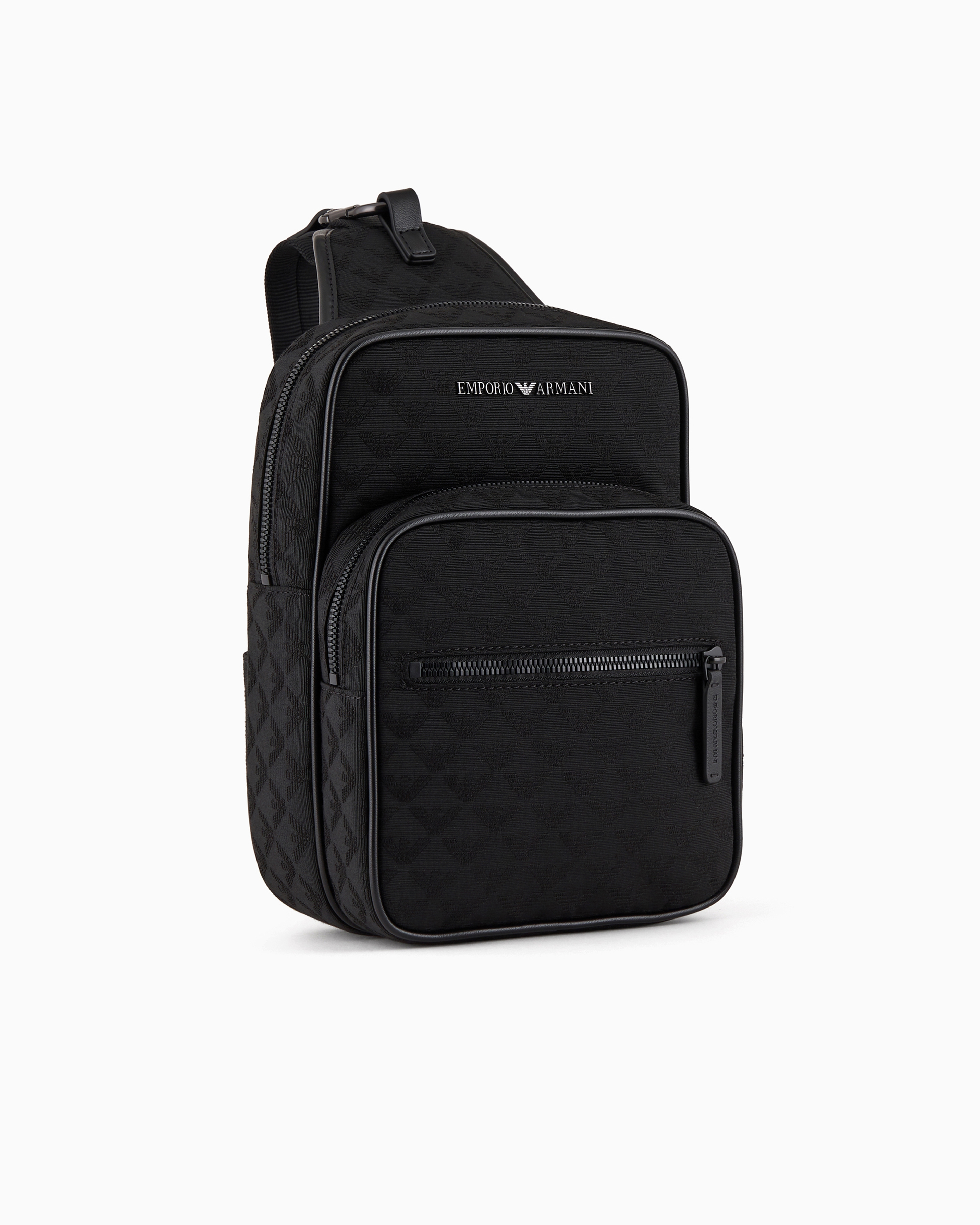 Emporio Armani Official Store Nylon One-shoulder Backpack With All-over Jacquard Eagle In Black