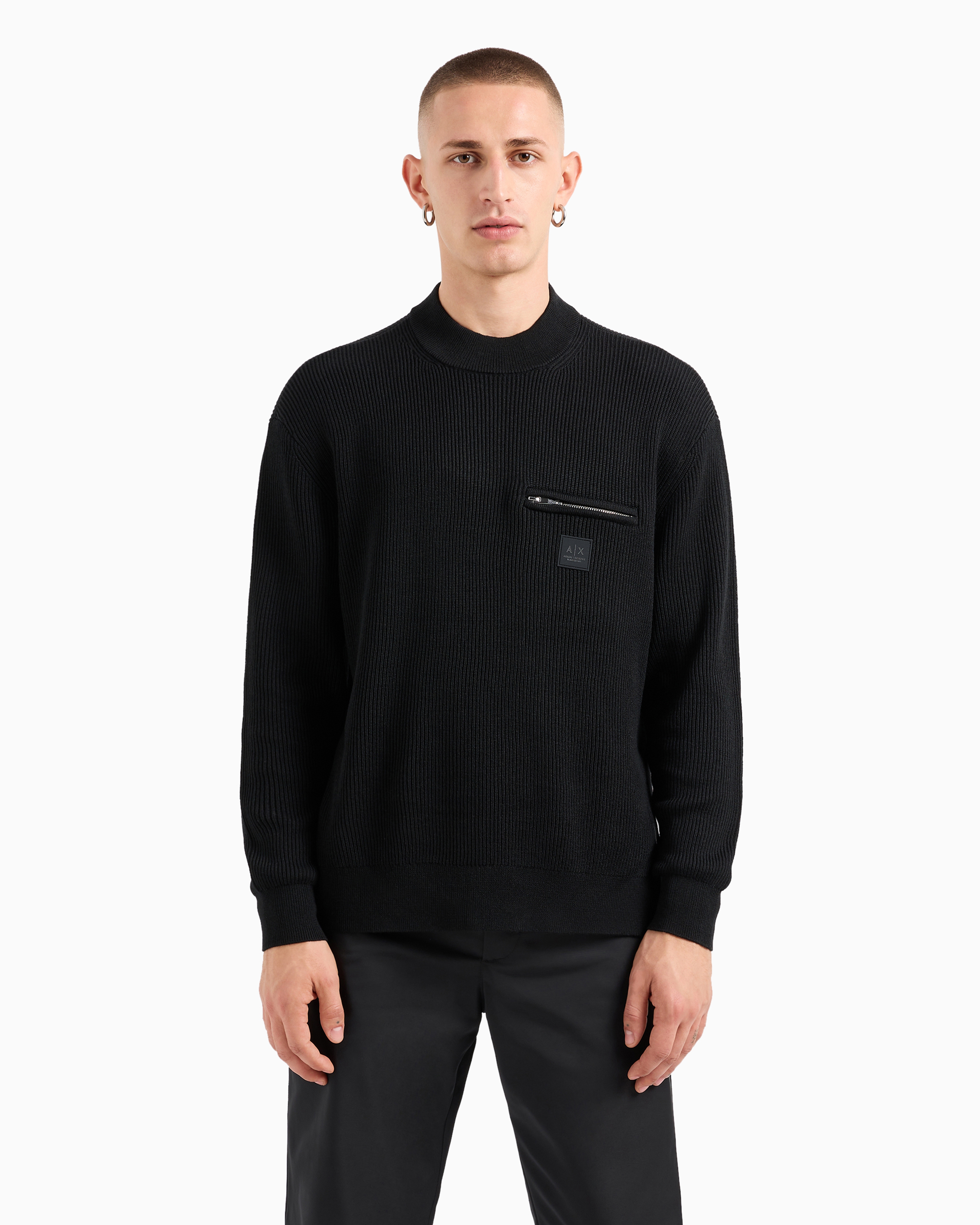 Shop Armani Exchange Crewneck Sweater With Zip Pocket And Logo In Black