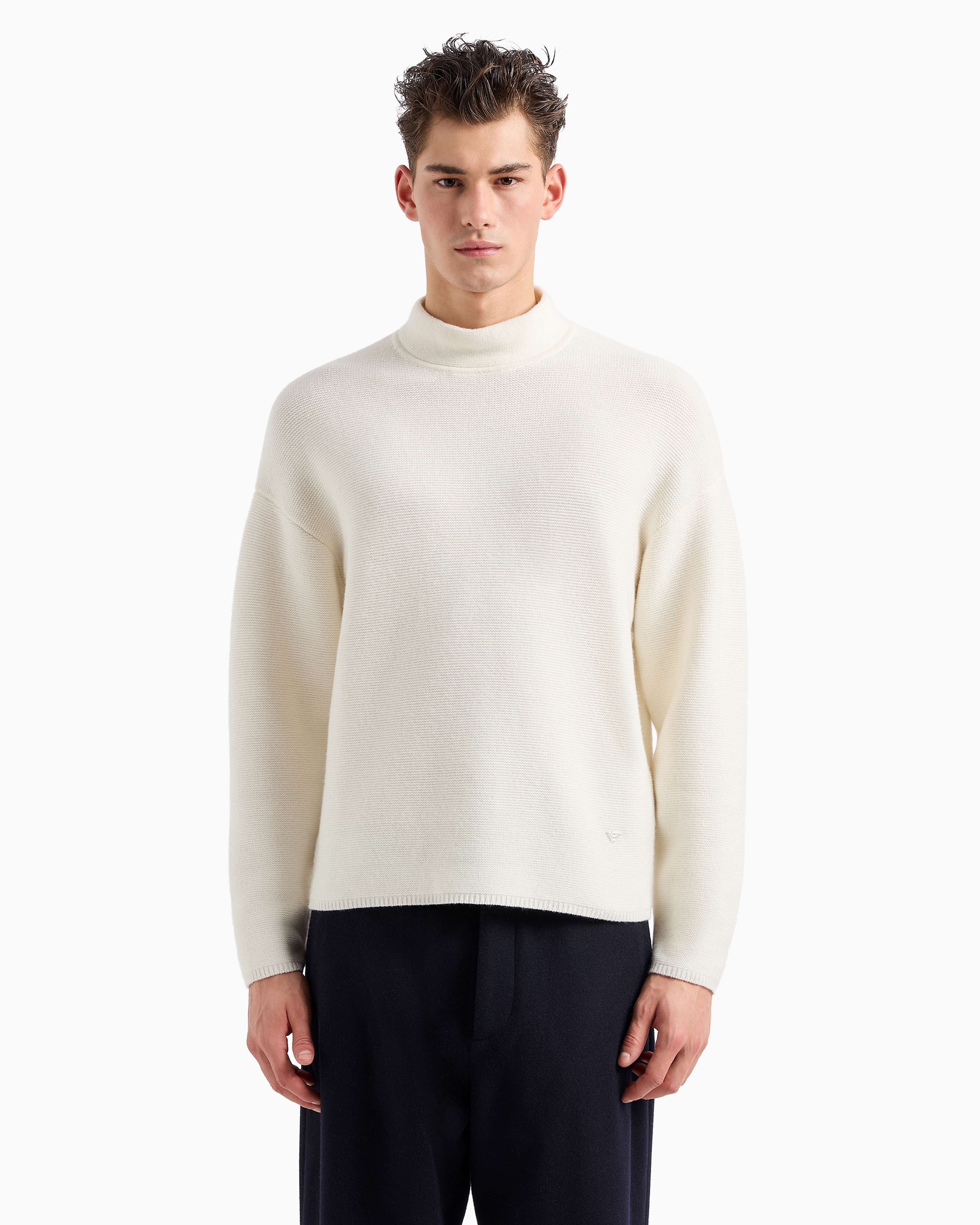 Shop Emporio Armani Mock-neck Jumper In Virgin Wool With A Micro-textured Weave In White