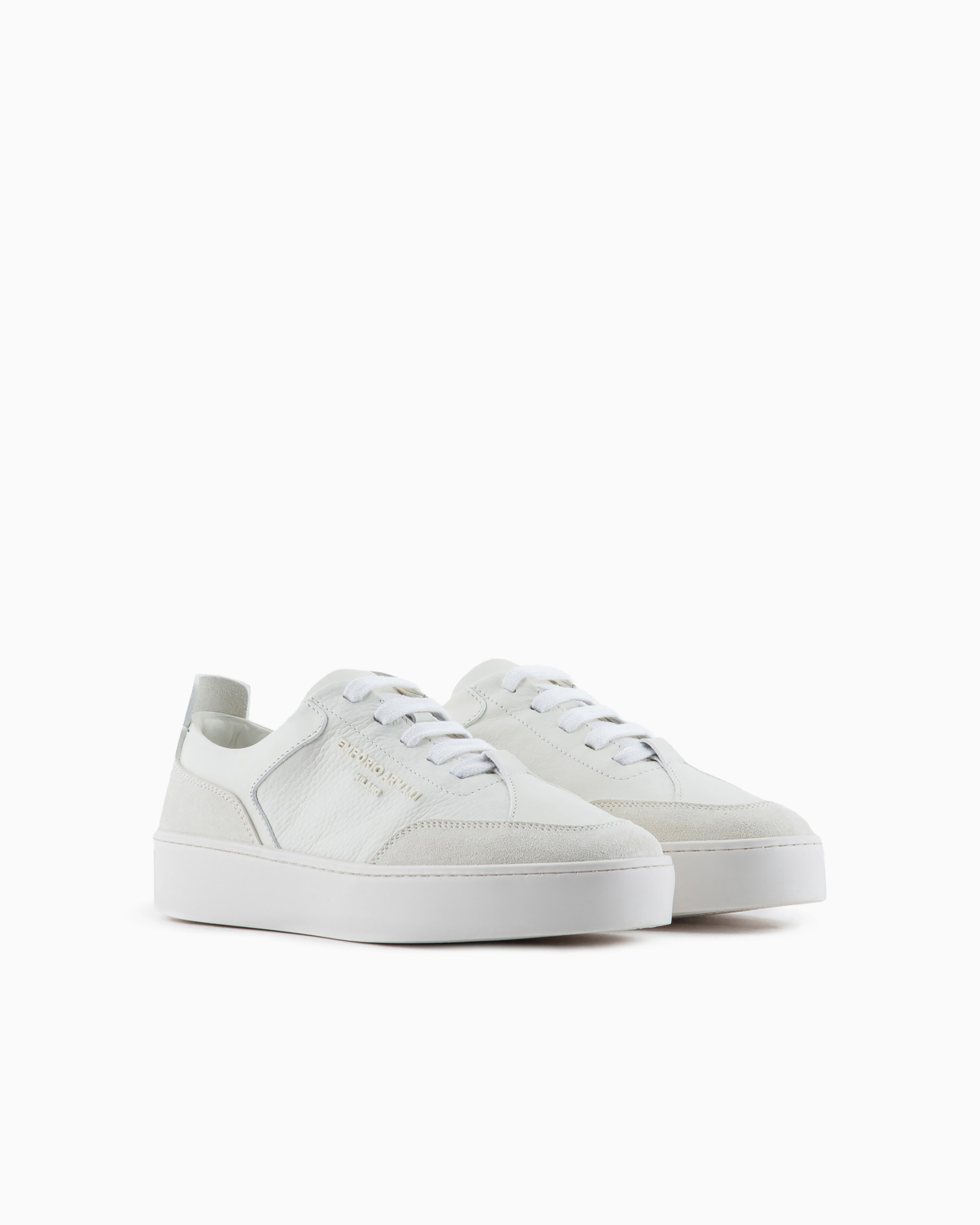 Emporio Armani Official Store Leather Sneakers With Suede Details And Embossed Logo In White