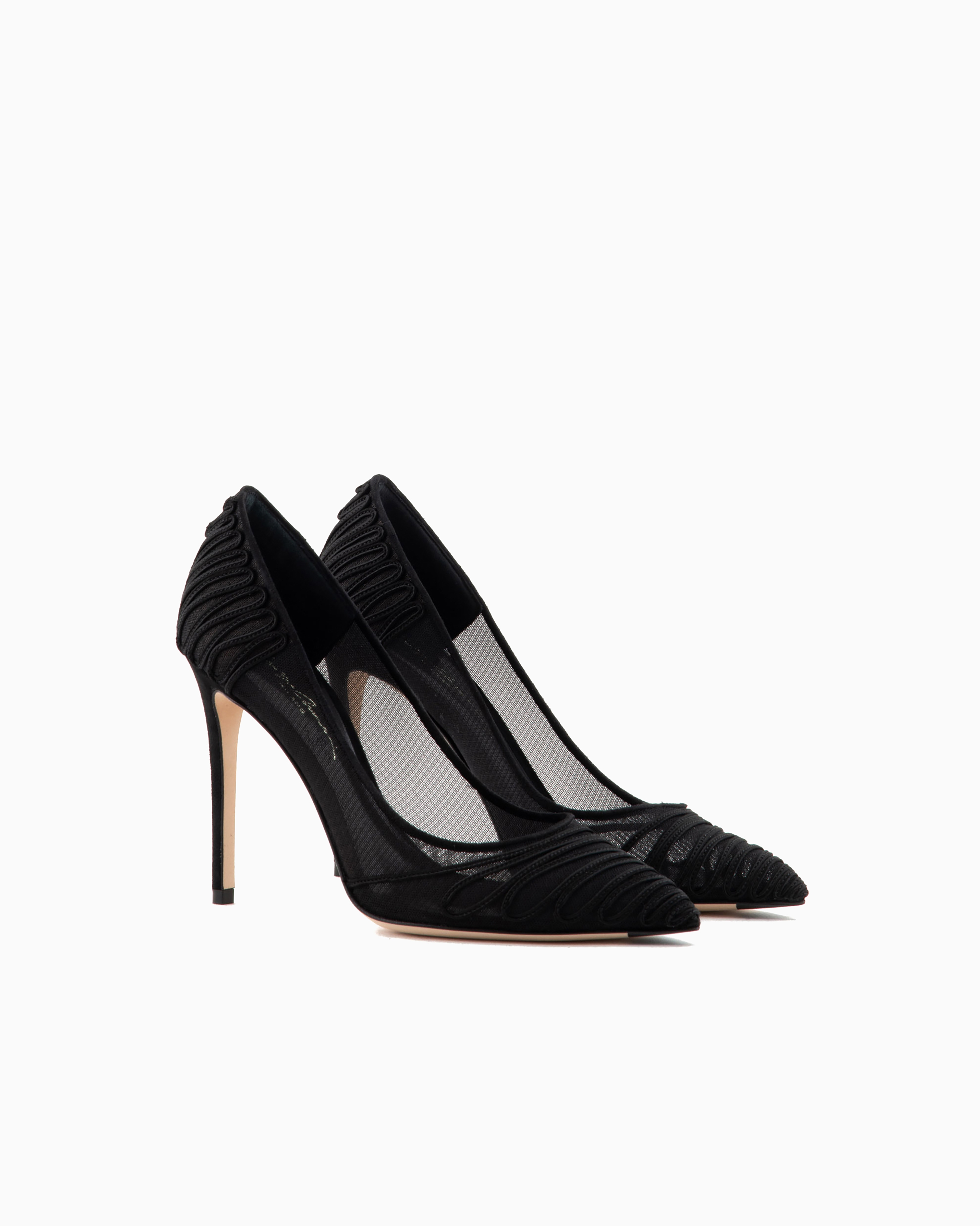 Giorgio Armani Official Store Tulle Court Shoes With Suede Embroidery In Black