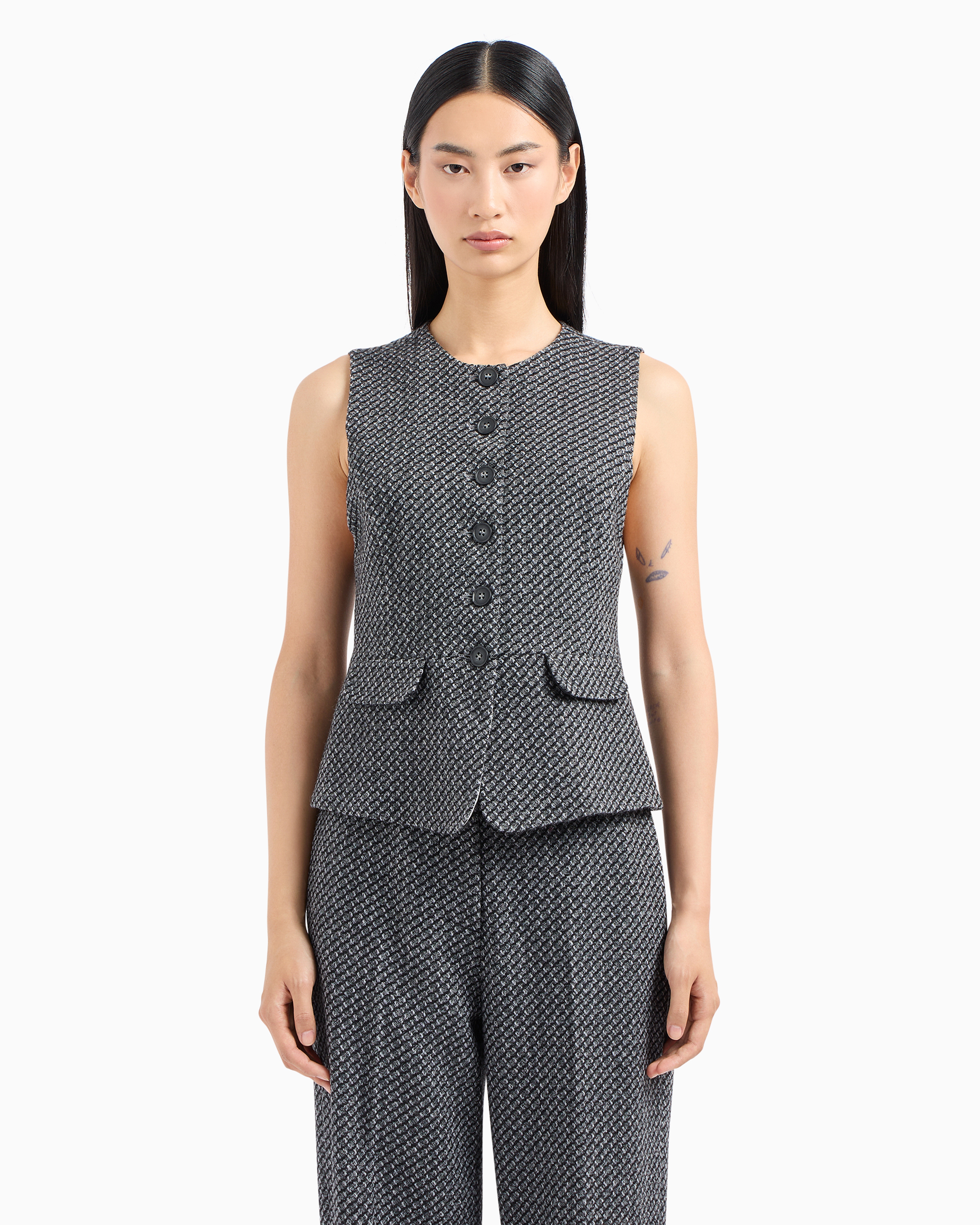 Shop Emporio Armani Single-breasted Waistcoat In A Mélange Wool-blend Knit With A Textured Pattern In Grey