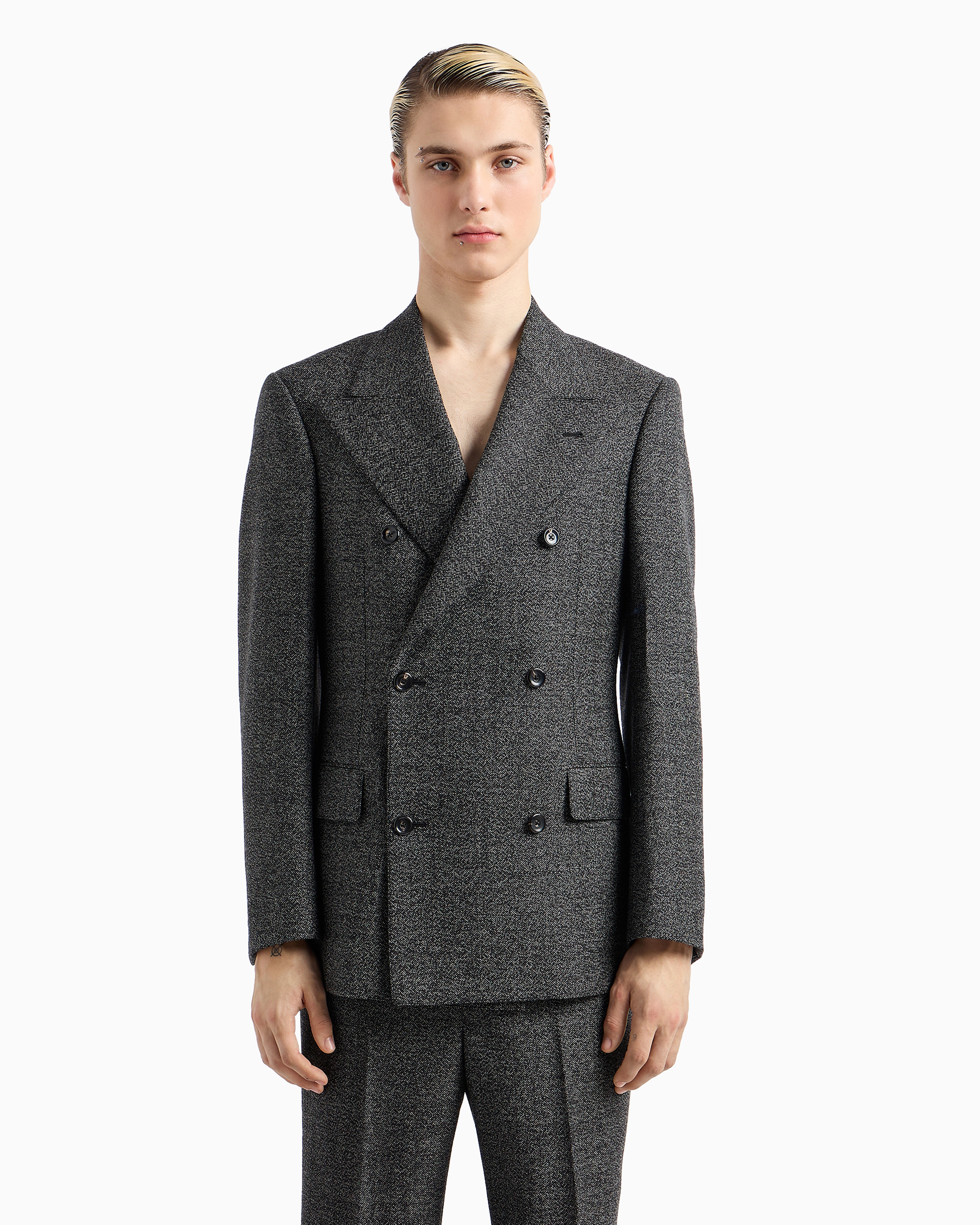 Shop Emporio Armani Double-breasted Jacket In Compact Mouliné Wool Grisaille