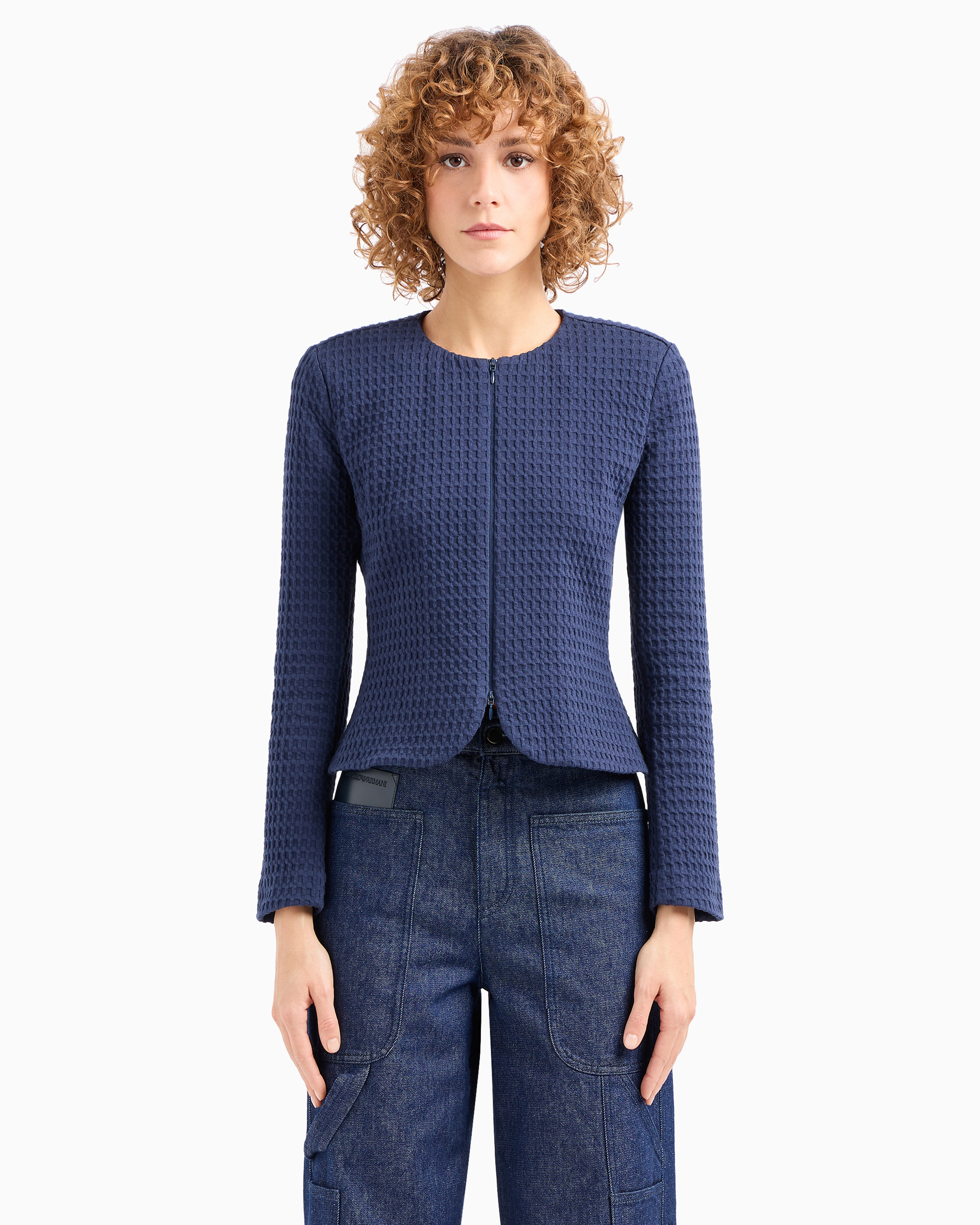 Emporio Armani Official Store Waffle-effect Knit Jacket With Zip And Peplum In Blue