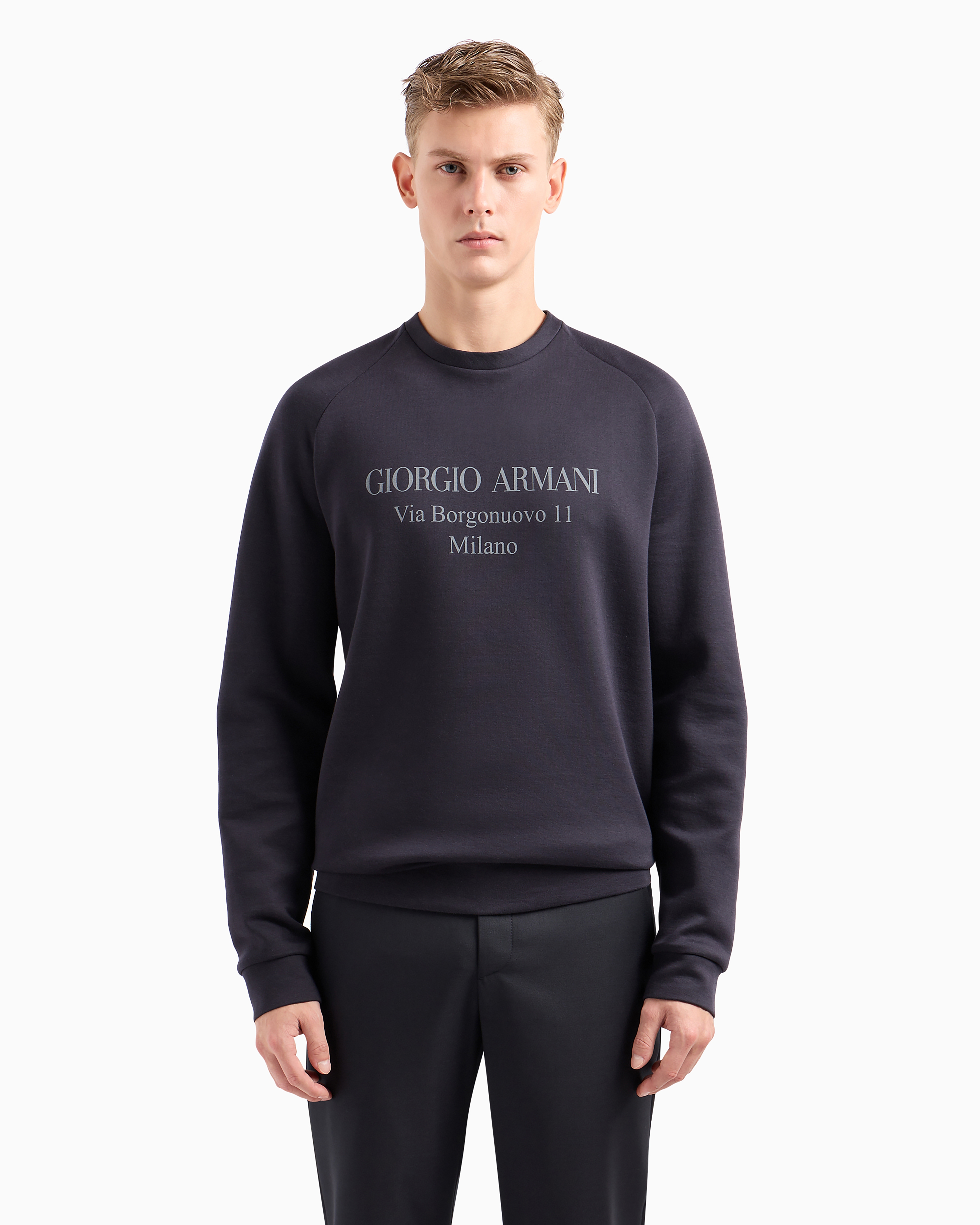 Shop Giorgio Armani Borgonuovo 11 Sweatshirt In Cotton Double Jersey In Navy Blue